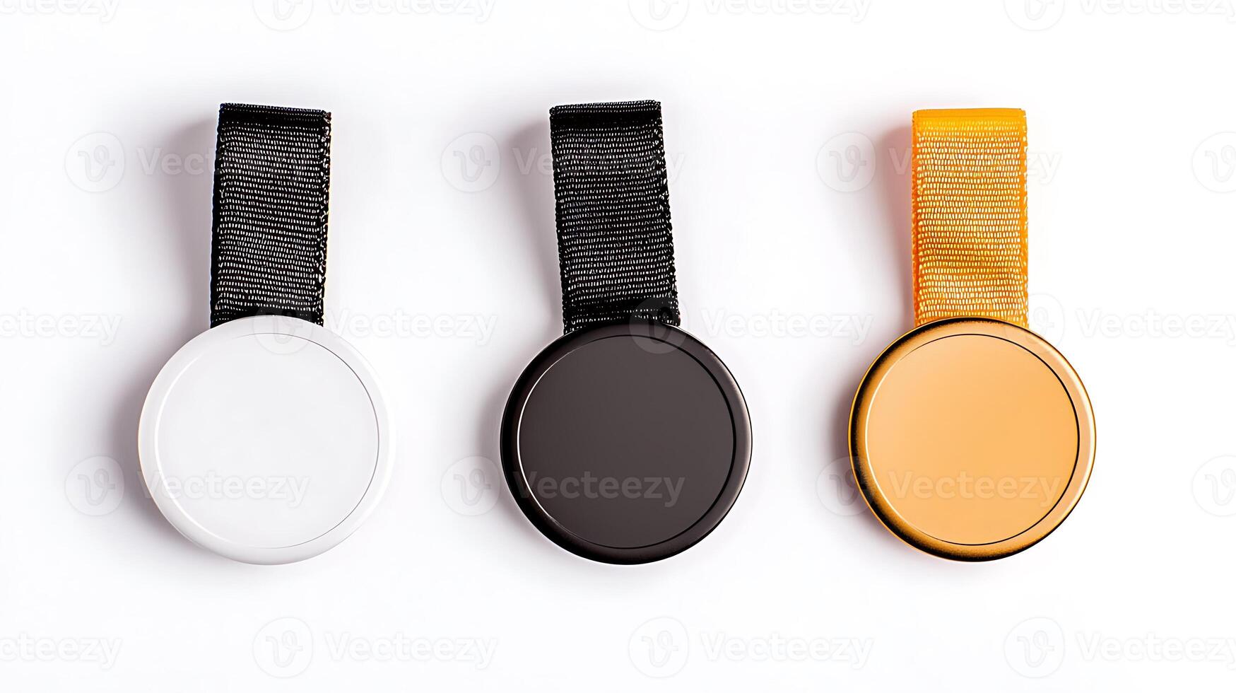 Three blank medals in different colors displayed on a white background for award design purposes photo