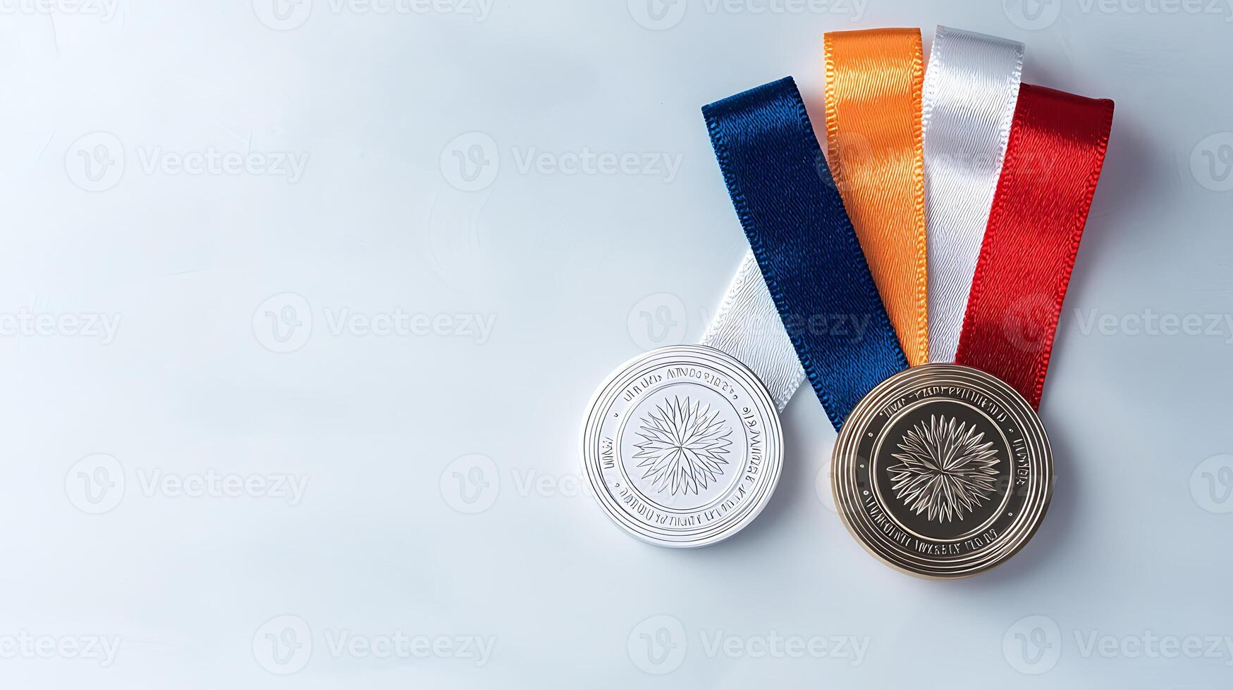 Three award medals with colorful ribbons displayed on a light background, symbolizing achievement photo