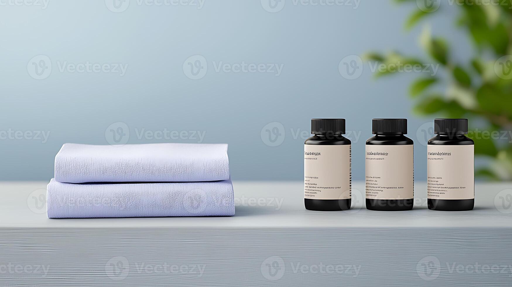 Three black bottles with labels placed next to folded lavender towels on a light wooden table photo