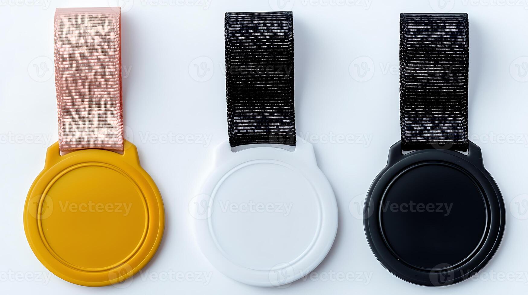 Three blank medals with different colored ribbons displayed on a clean surface, ideal for awards photo