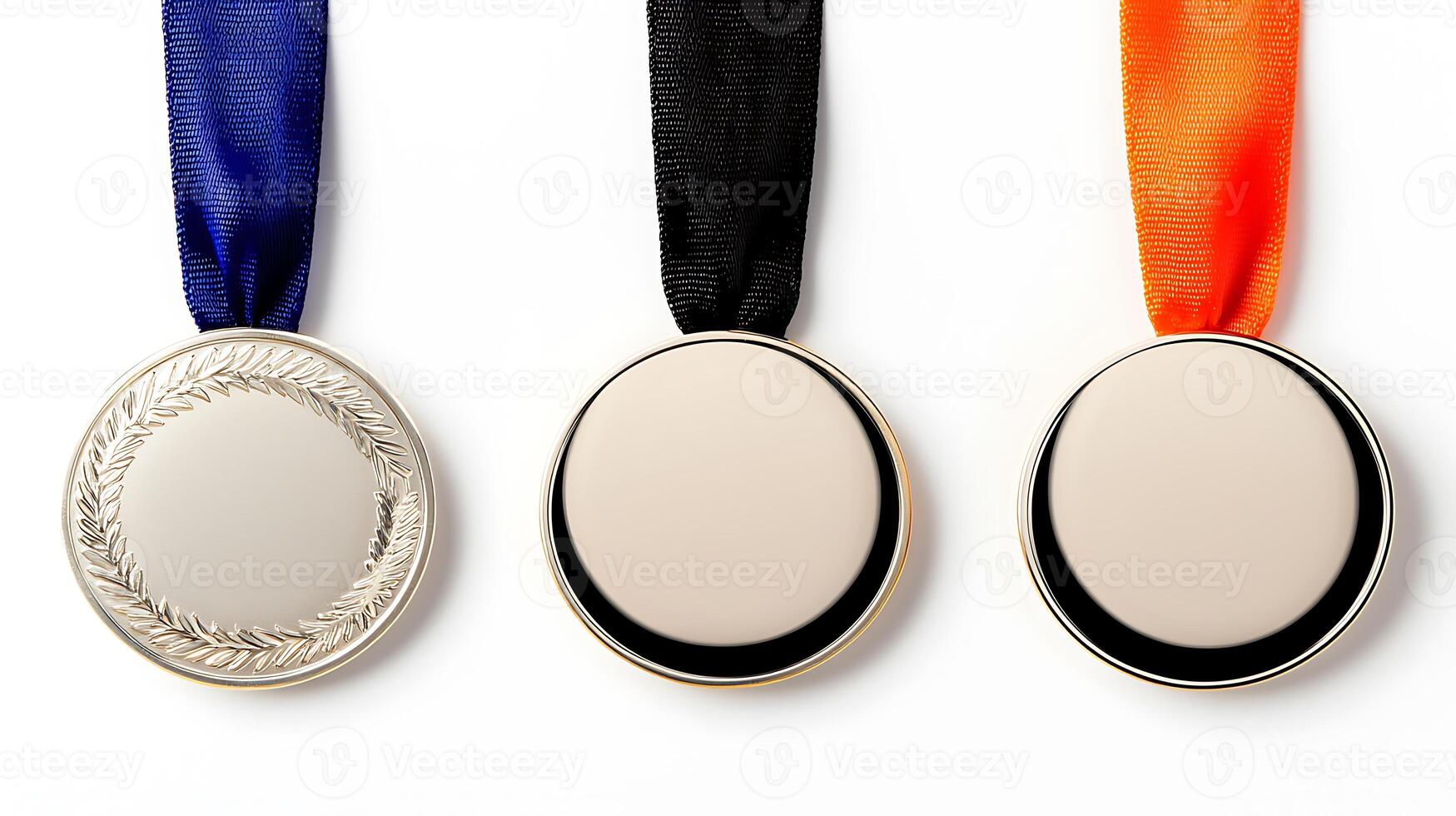 Three blank medals with different ribbon colors hanging against a neutral background photo