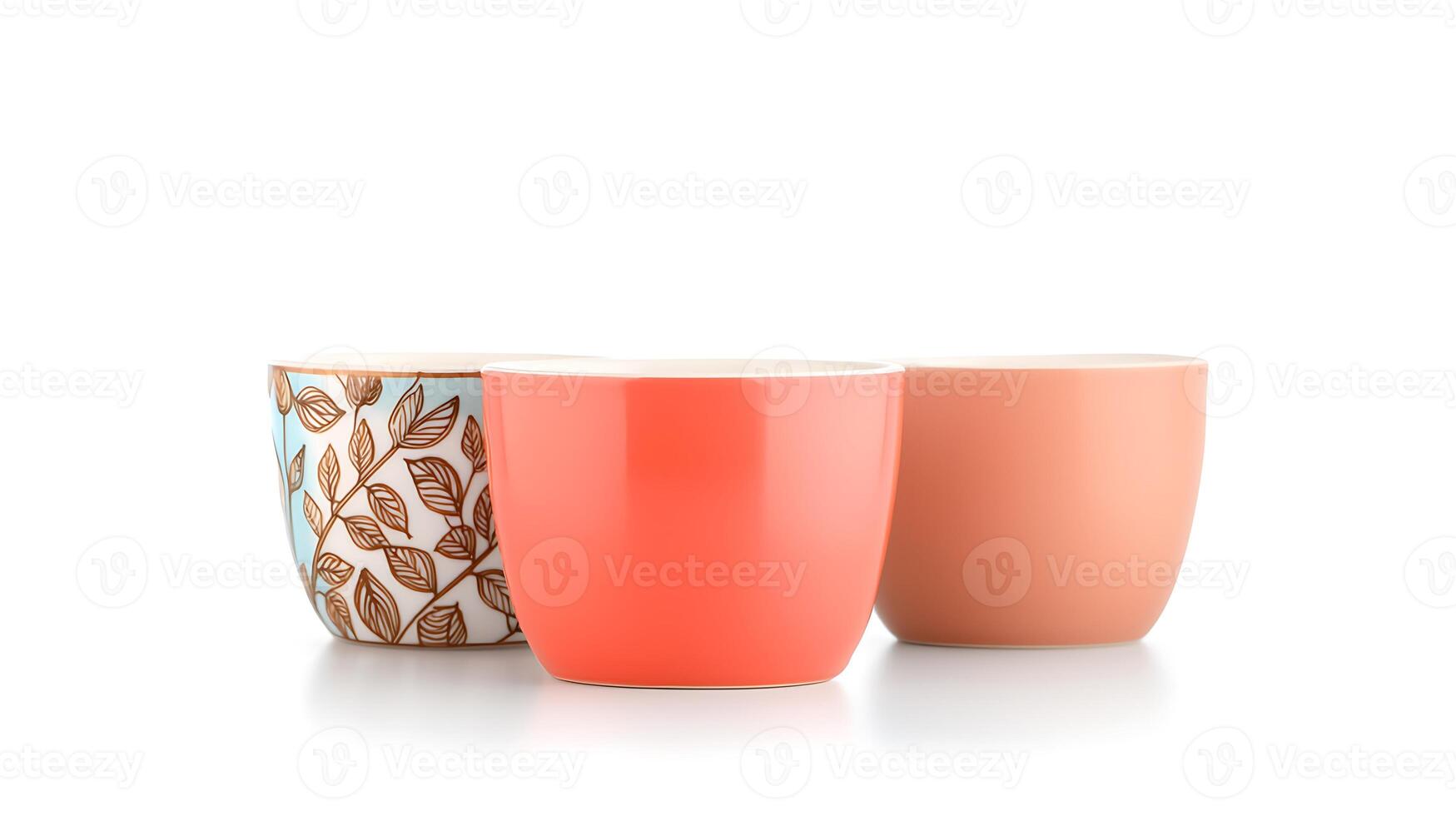 Three colorful ceramic cups with floral patterns and solid colors on a clean white background photo