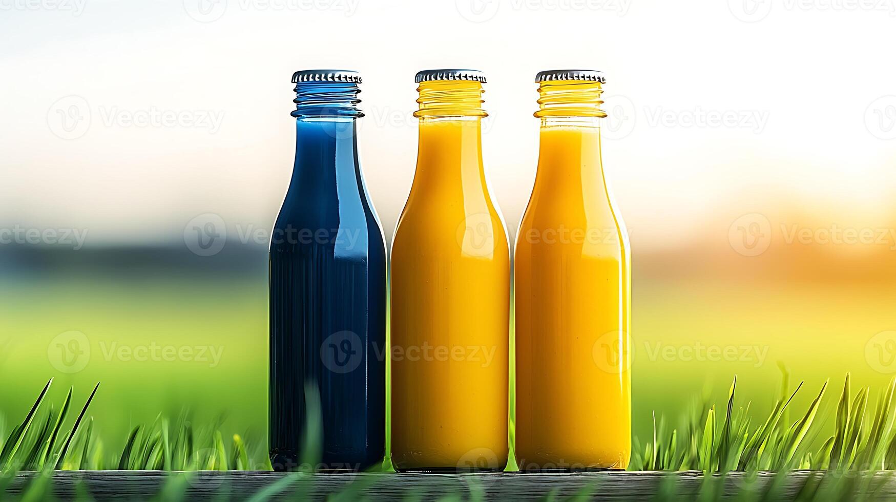 Three colorful beverage bottles placed on a wooden surface in a vibrant green field at sunset photo