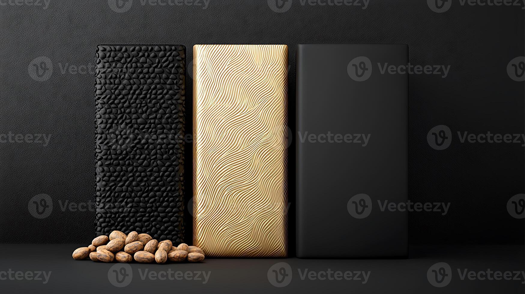Three chocolate bars with unique textures displayed on a dark background with scattered nuts photo