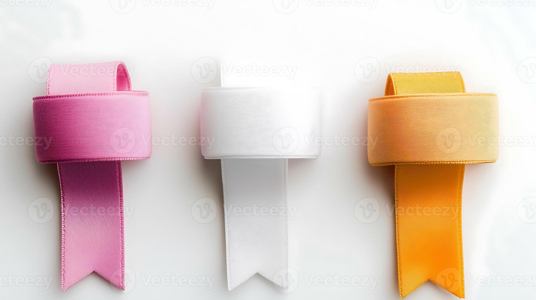Three colorful satin ribbons in pink, white, and orange arranged on a light background photo