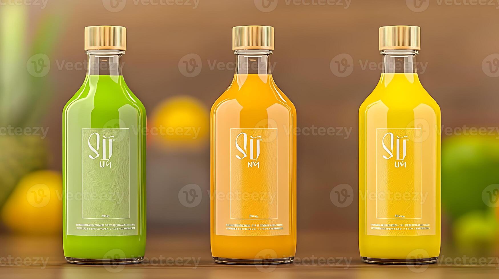 Three colorful juice bottles displayed on a wooden table with blurred fruit in the background photo