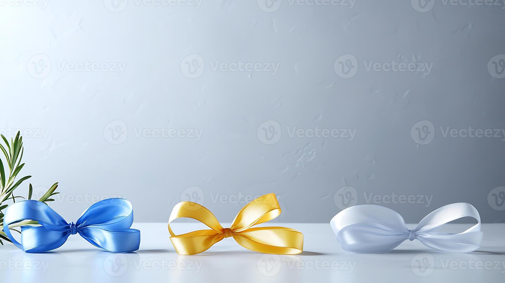 Three decorative bows in blue, yellow, and white arranged on a smooth surface with greenery photo