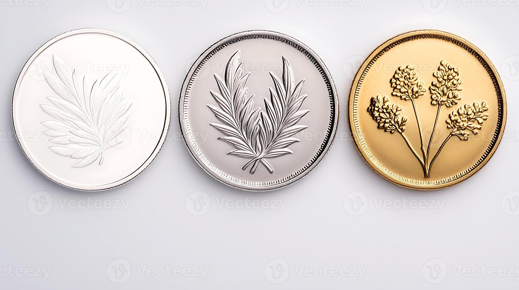 Three decorative coins featuring intricate leaf designs on a smooth surface, showcasing artistry photo