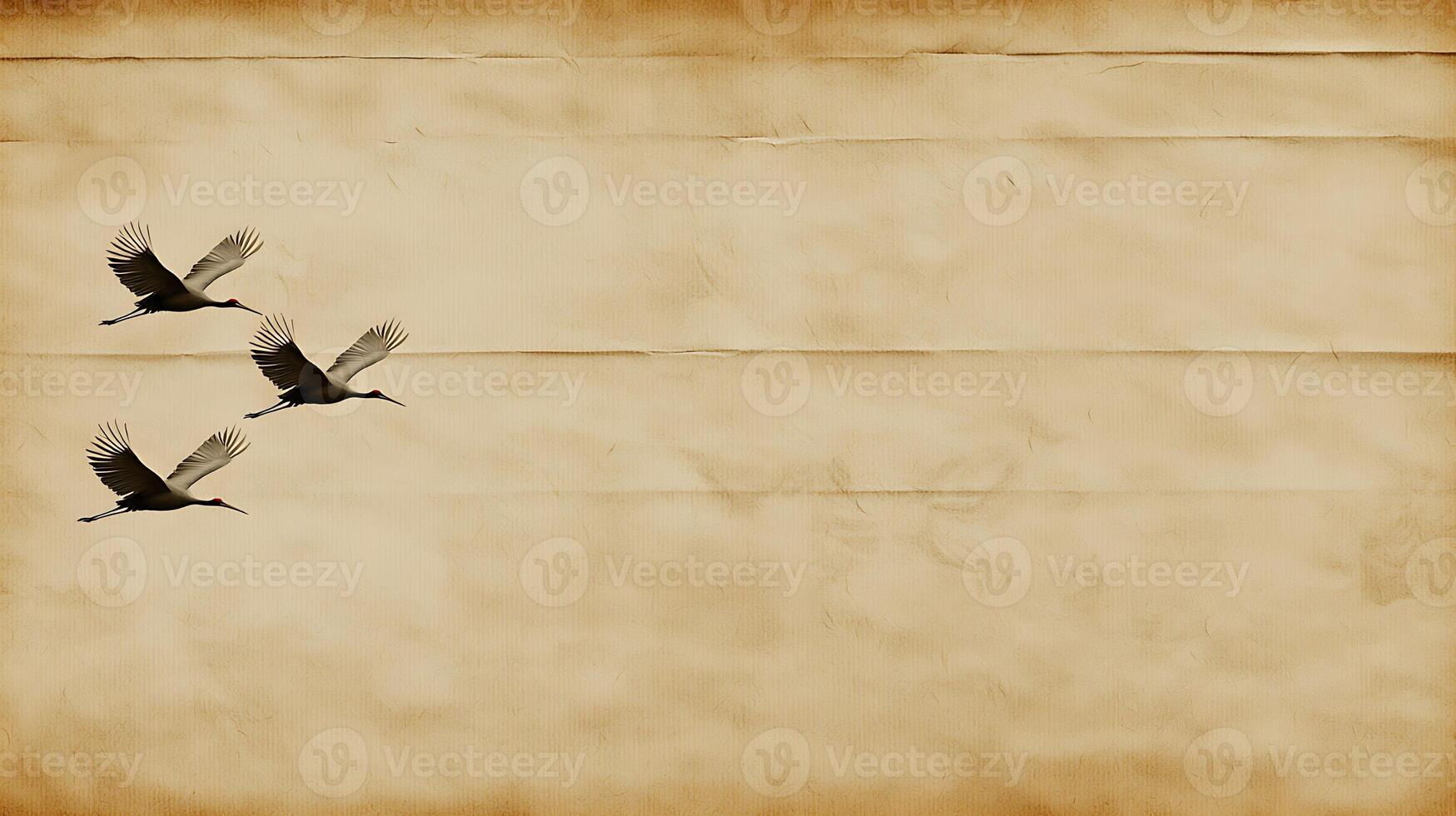 Three cranes gracefully flying across a vintage, textured background reminiscent of old parchment photo