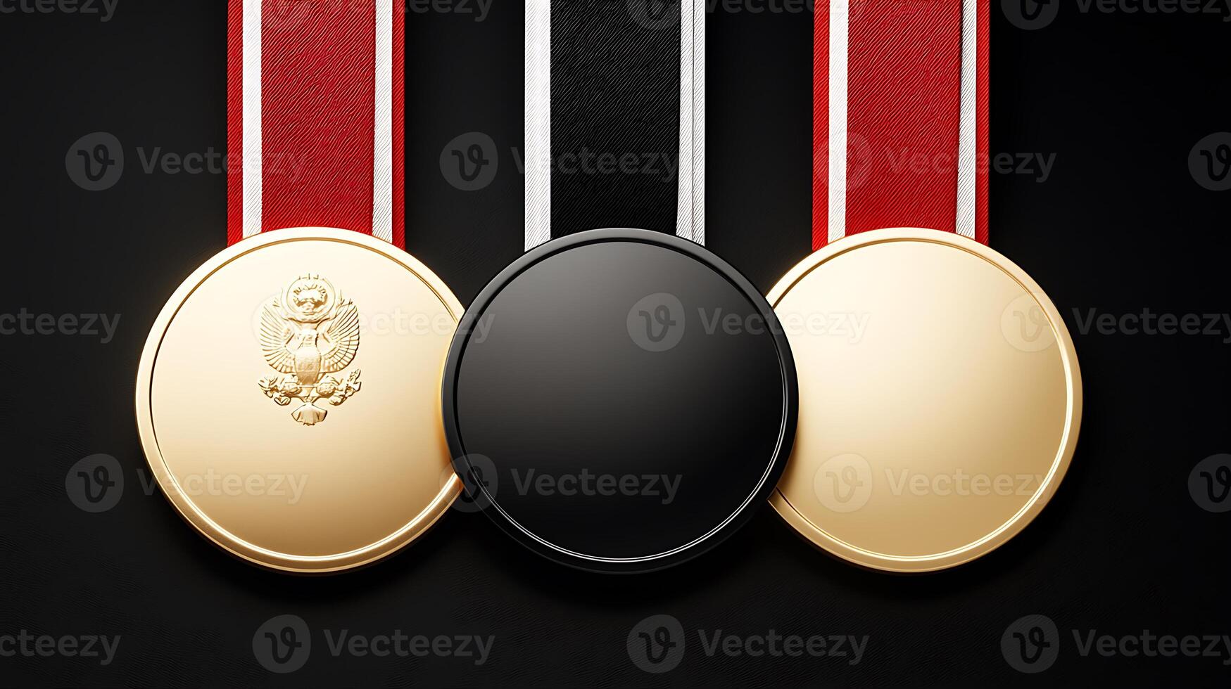 Three distinct medals displayed on a dark background, showcasing gold, silver, and black finishes photo