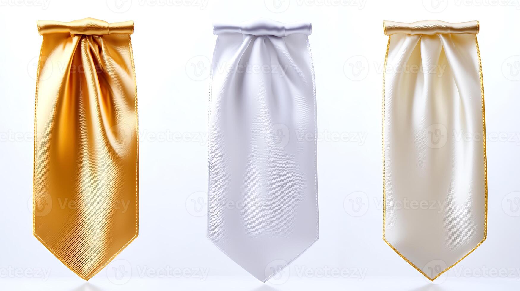 Three elegant silk ties in gold, white, and cream colors displayed against a clean backdrop photo