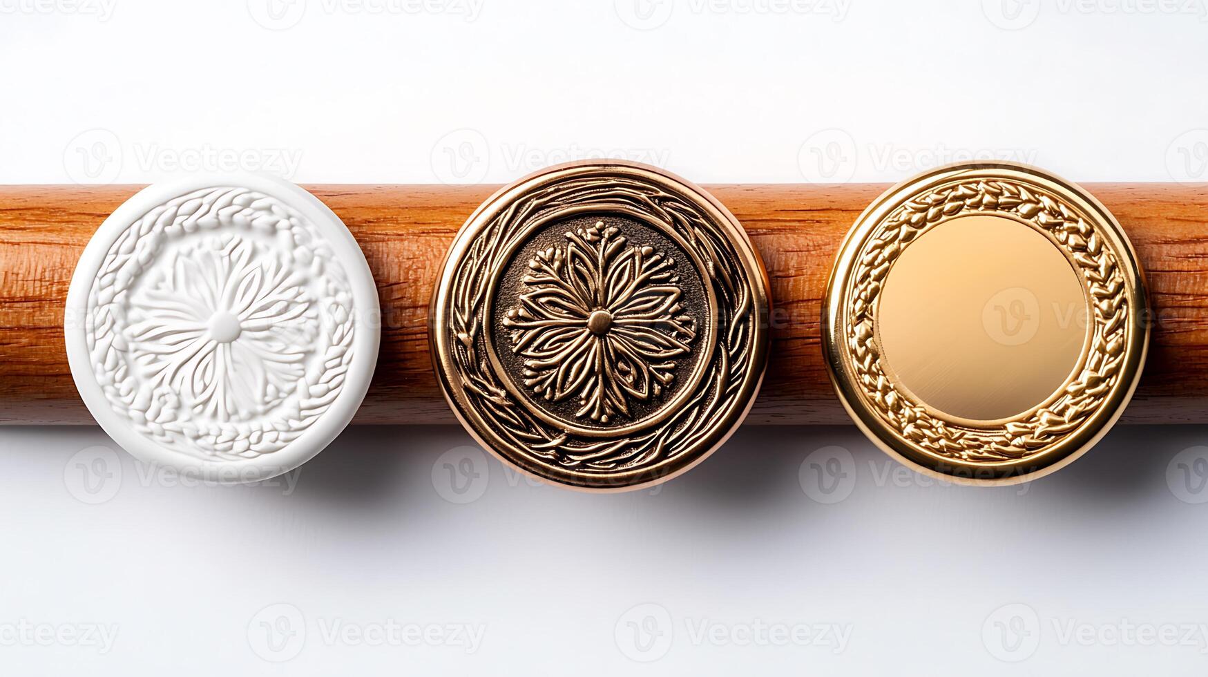 Three decorative medallions in white, bronze, and gold displayed on a wooden surface, showcasing intricate designs photo