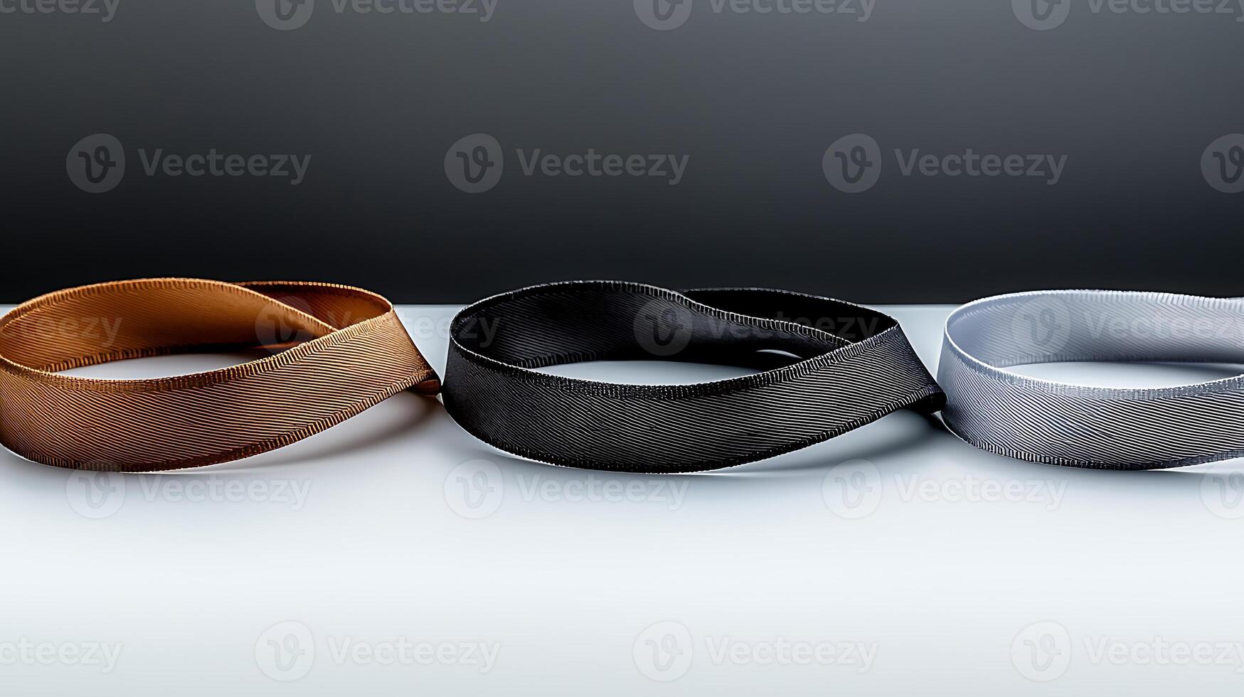 Three elegant fabric ribbons in brown, black, and gray displayed on a smooth surface with soft lighting photo