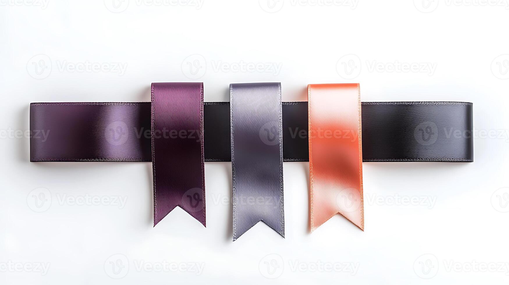 Three elegant satin ribbons in purple, gray, and peach arranged on a black ribbon backdrop photo