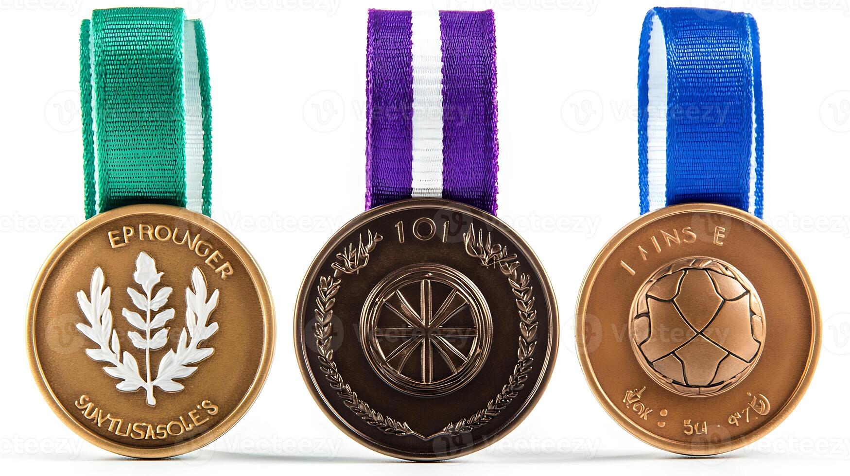 Three distinct medals showcasing unique designs, colors, and symbolic representations of achievement photo
