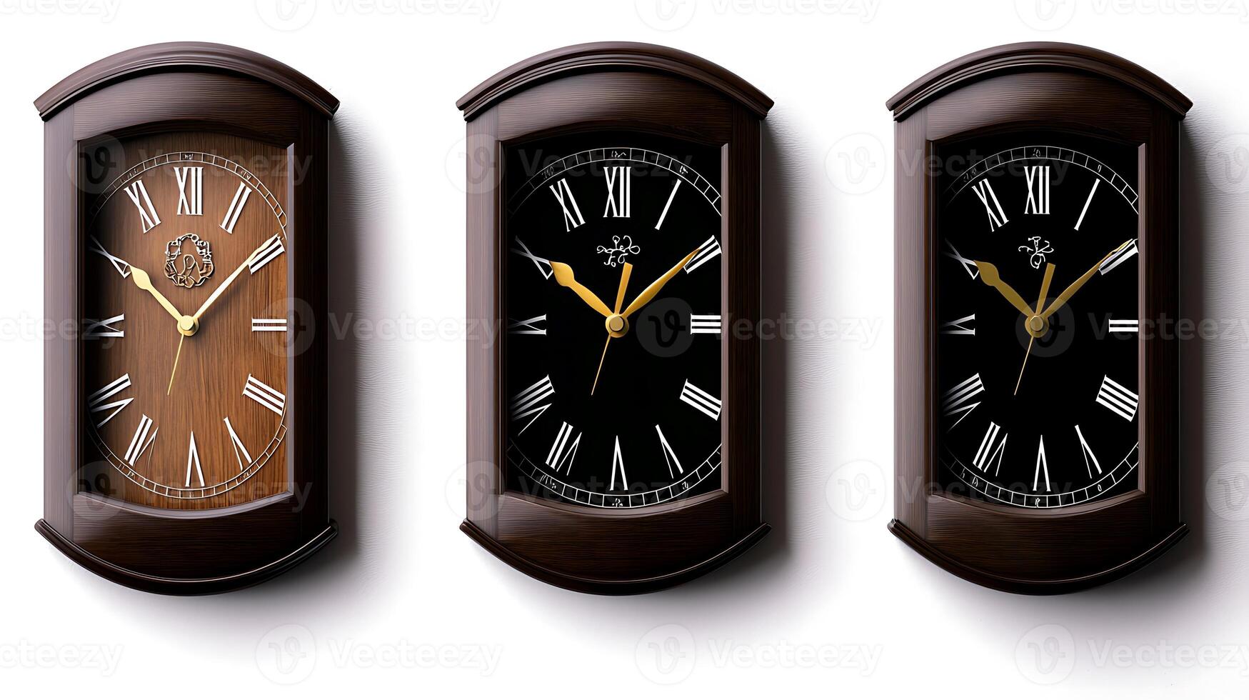 Three elegant wall clocks showcasing different styles and colors against a white background photo