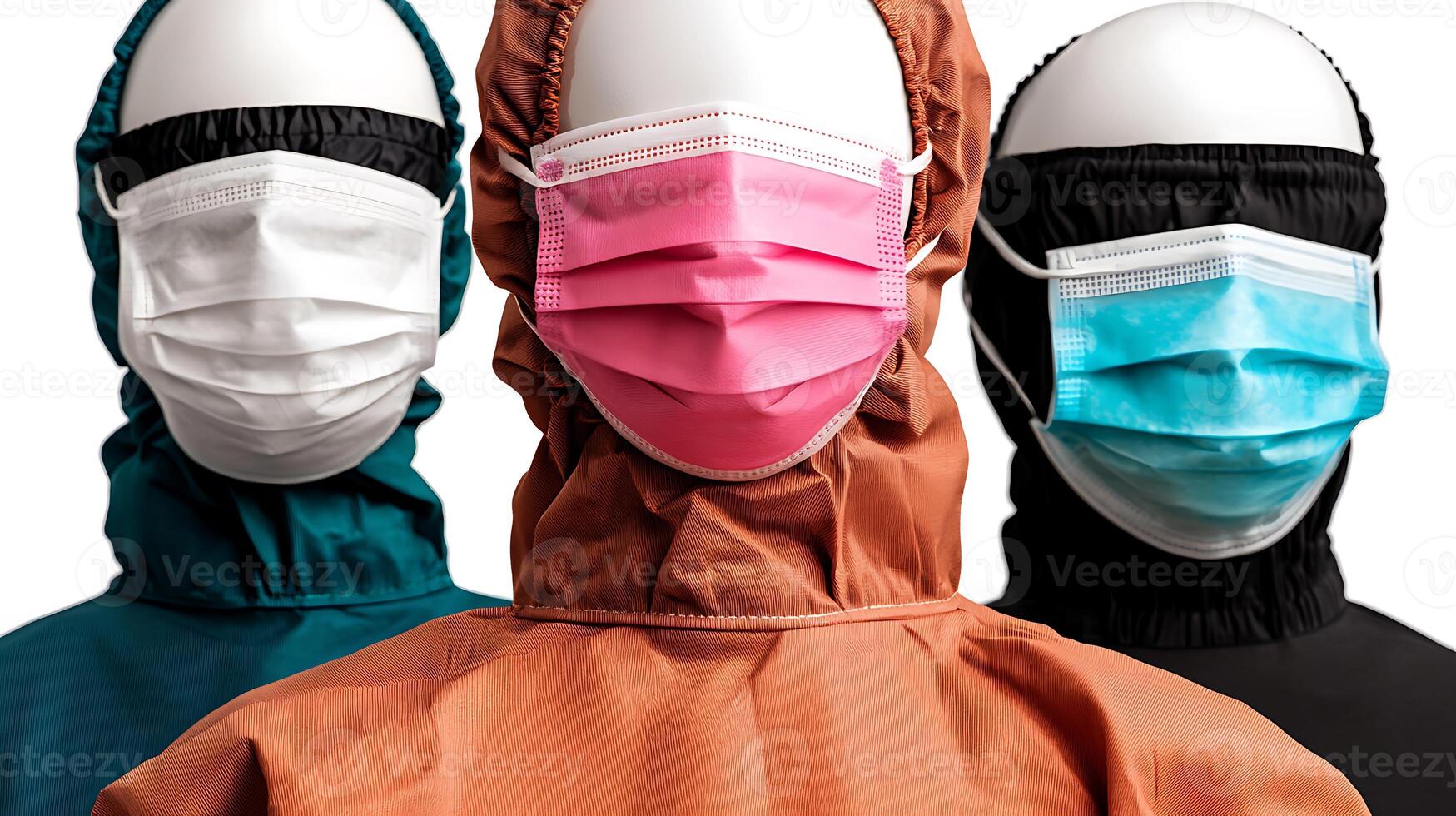 Three faceless mannequins in colorful masks and hoods, showcasing protective fashion trends photo