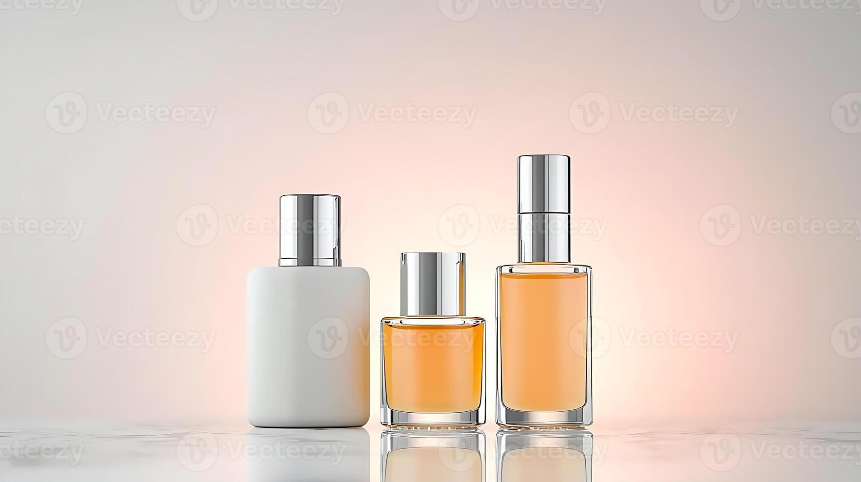 Three elegantly arranged perfume bottles on a marble surface with a soft gradient background photo