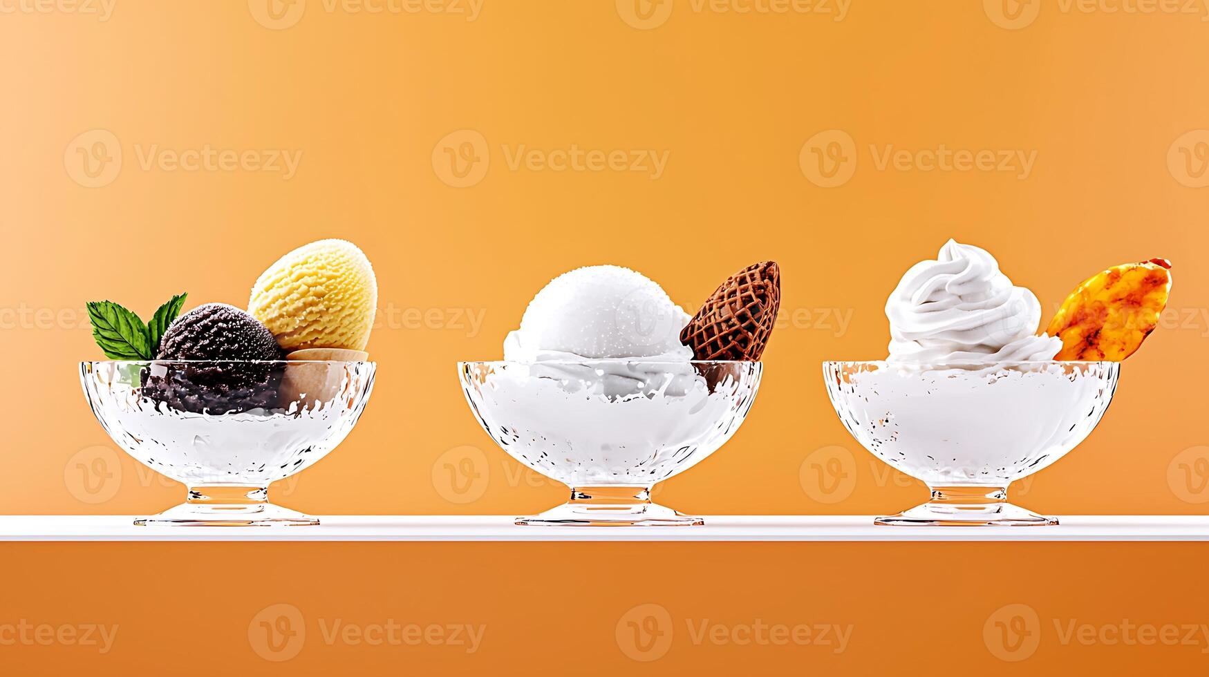 Three elegantly arranged ice cream scoops in decorative bowls against a vibrant orange backdrop photo