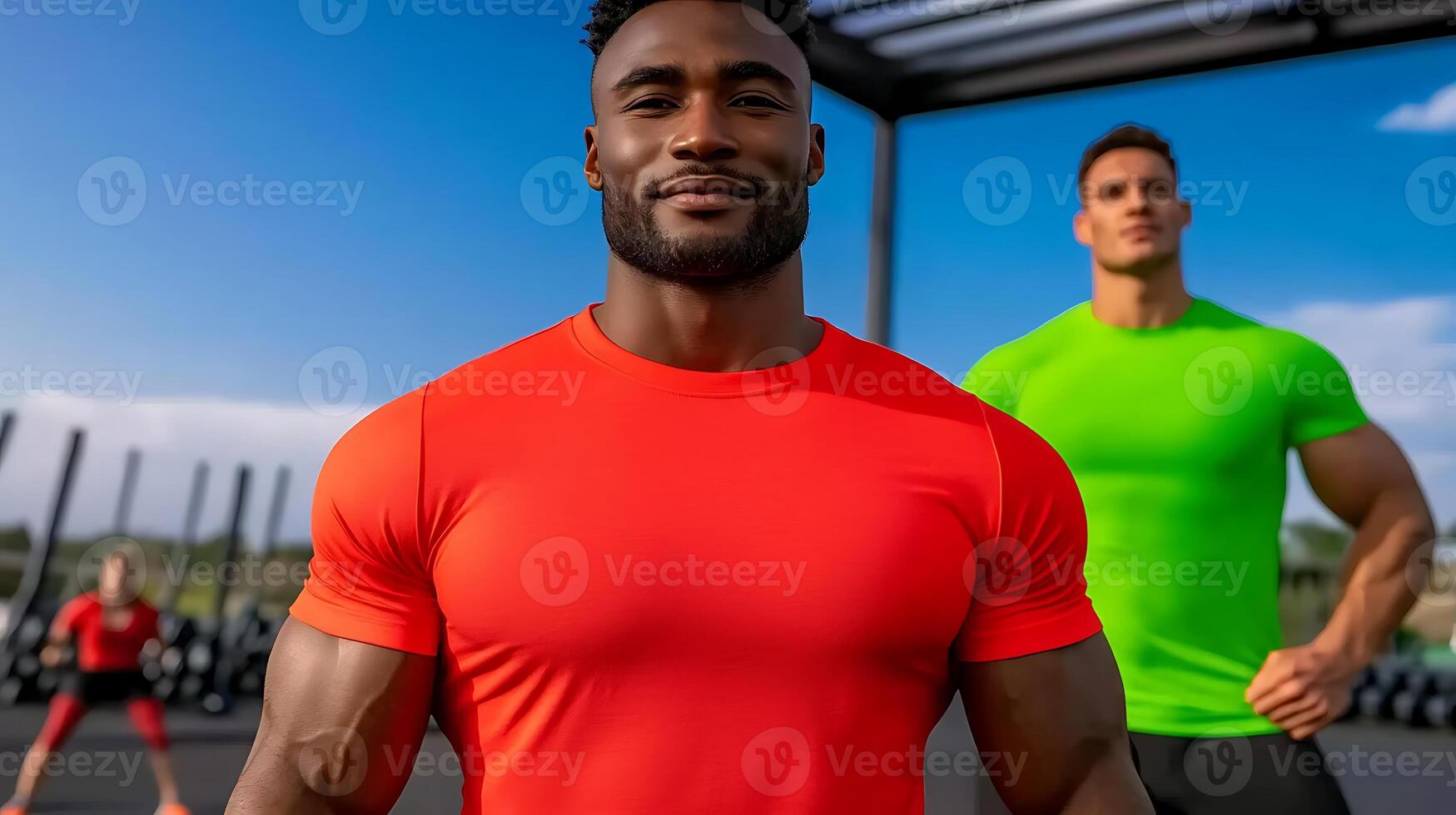 Three fit individuals in vibrant workout attire posing confidently at an outdoor gym photo