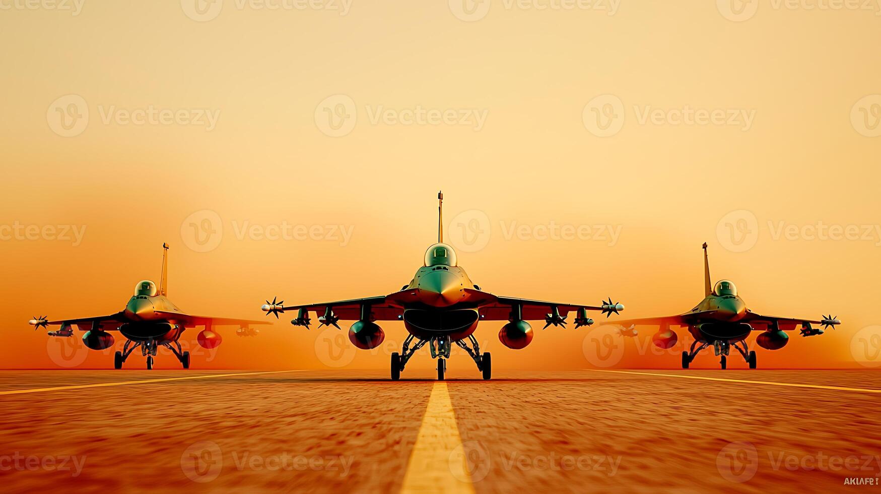 Three fighter jets lined up on a runway during sunset, showcasing powerful military aircraft photo