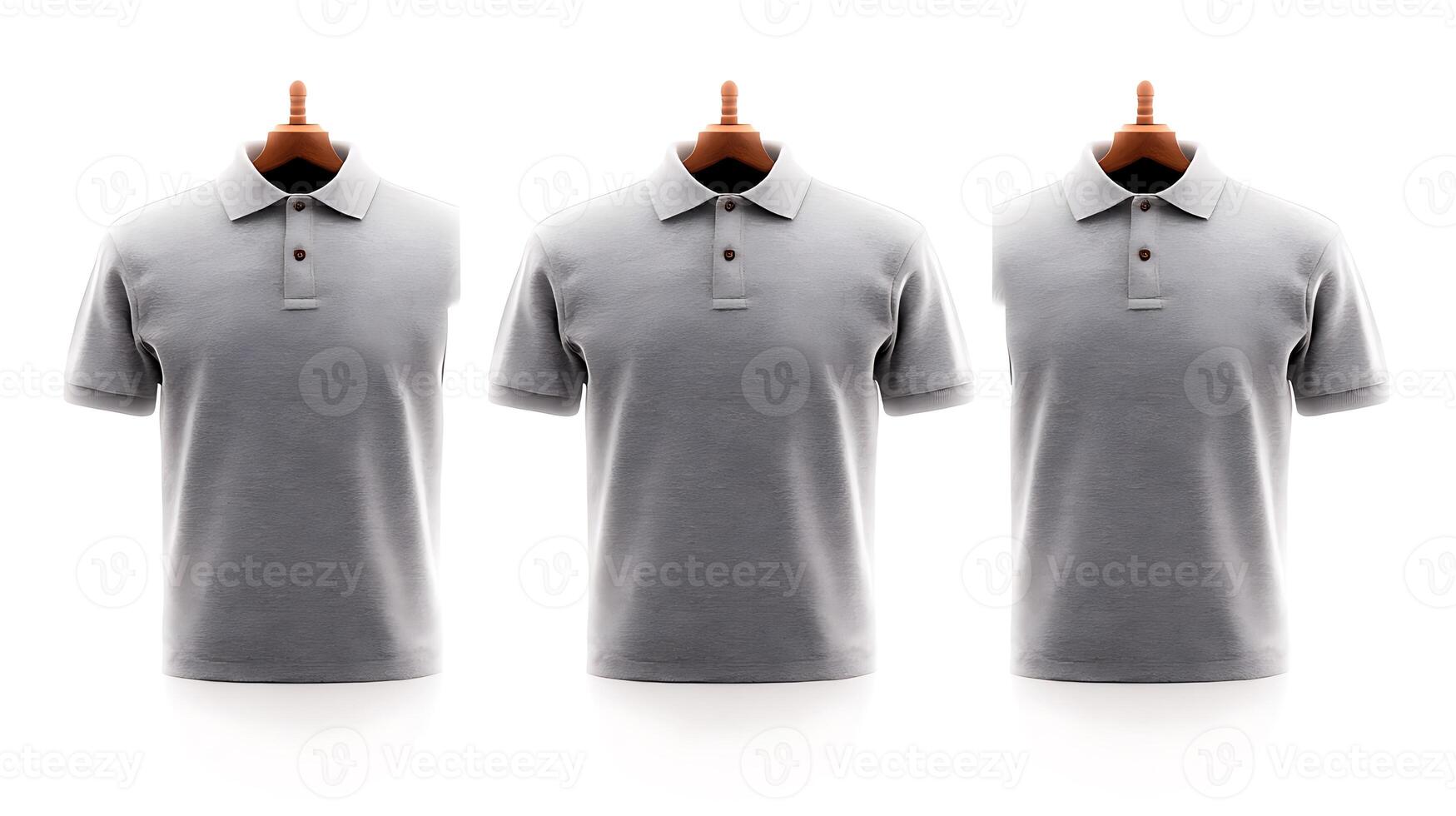 Three identical gray polo shirts displayed on mannequins against a white background photo