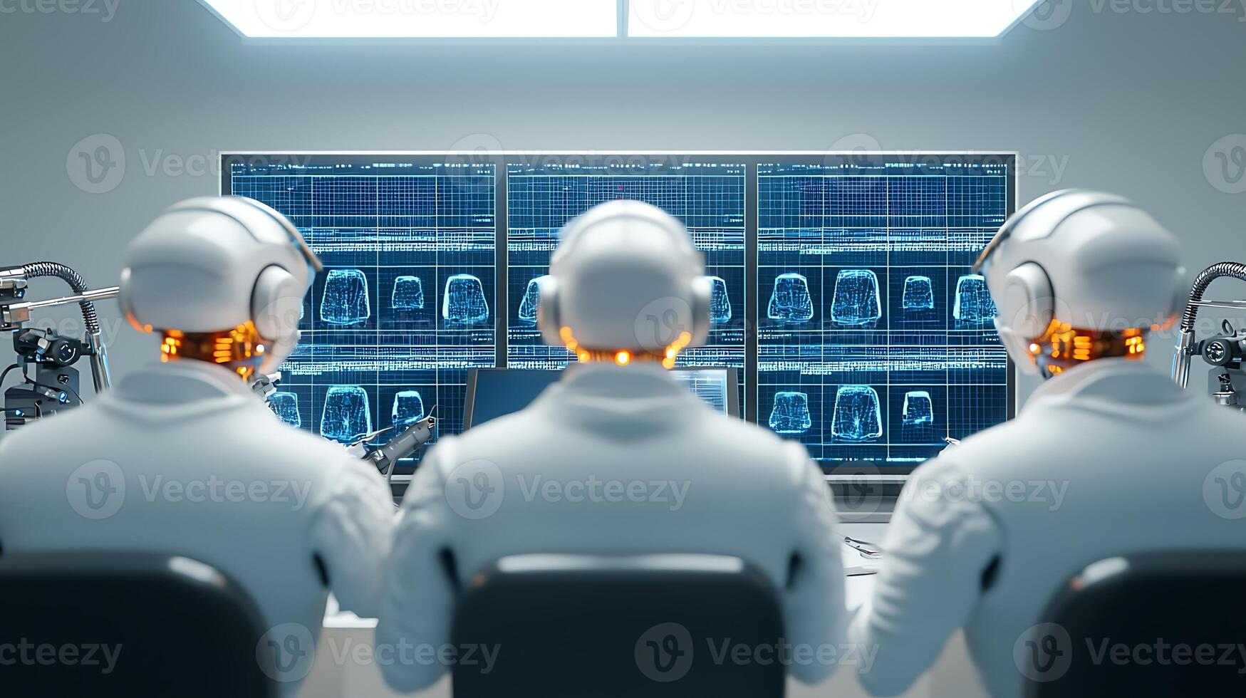 Three humanoid robots monitoring medical scans on multiple screens in a futuristic lab setting photo