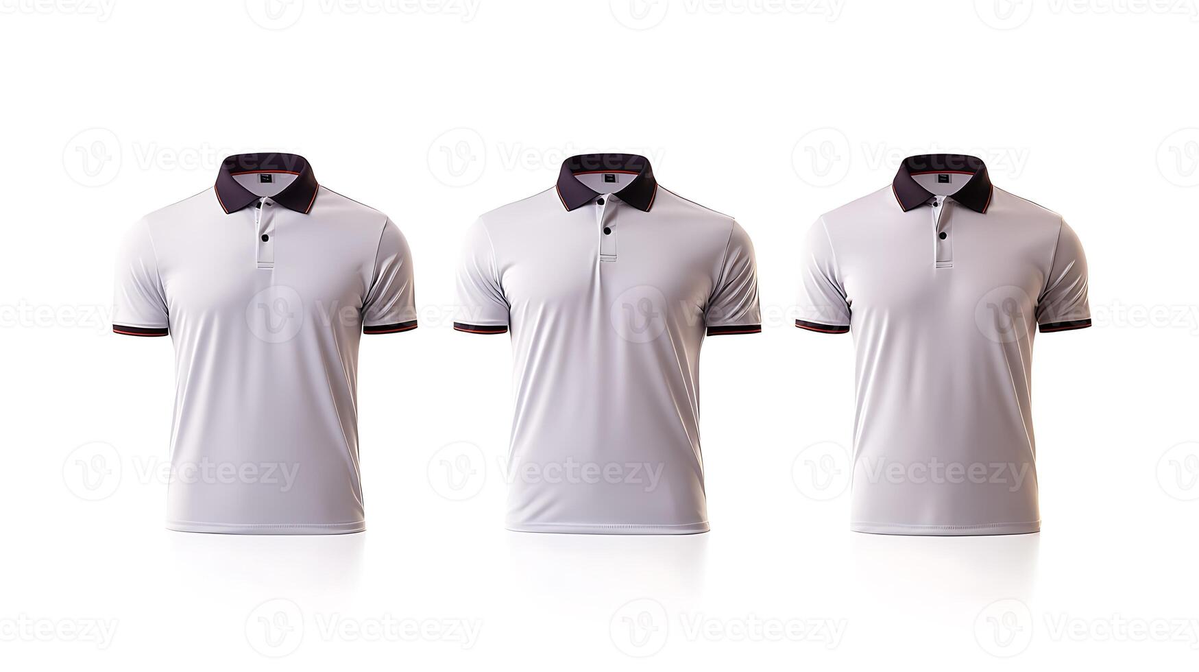 Three identical polo shirts displayed in a row against a white background for fashion showcase photo