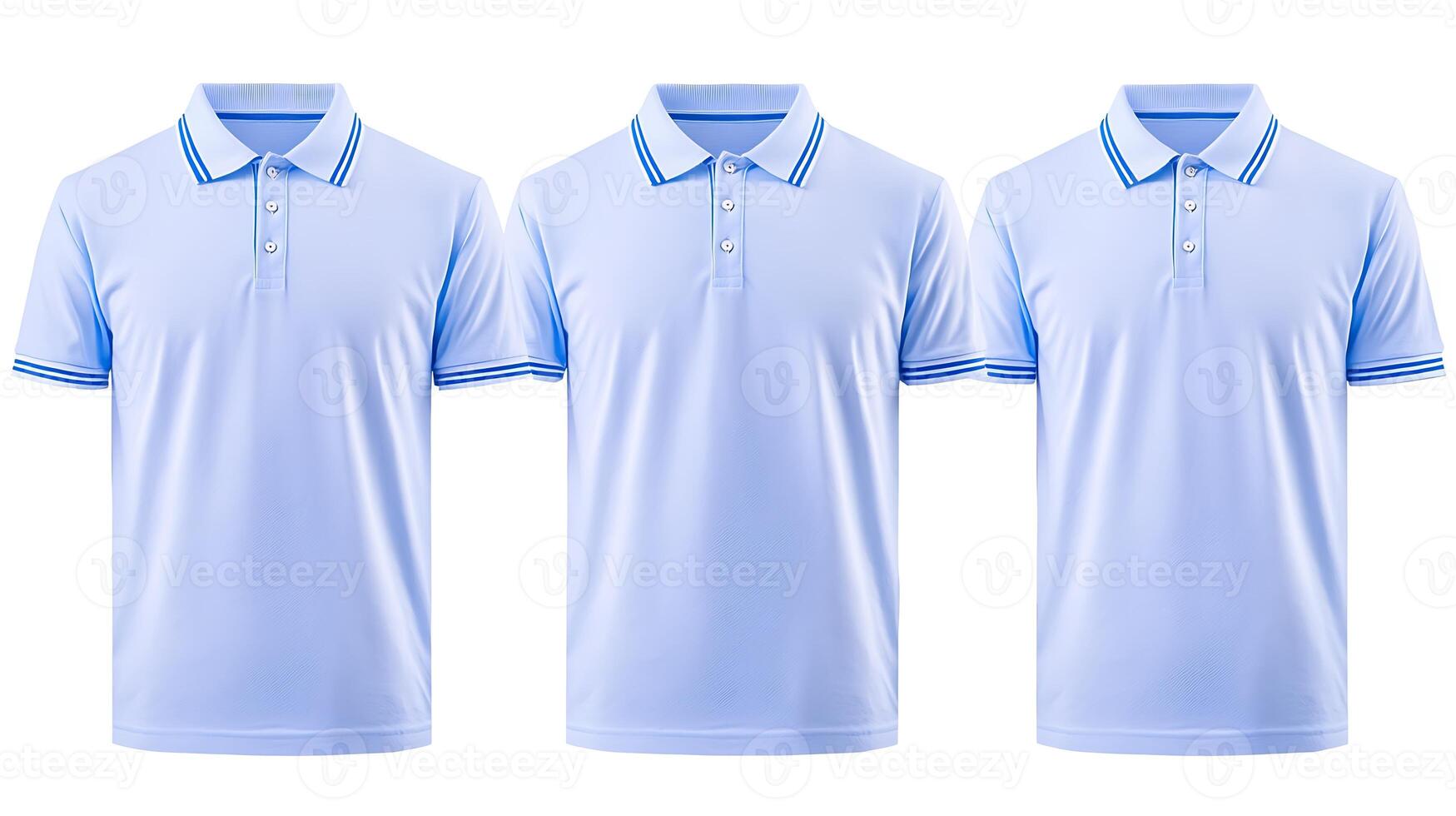 Three identical light blue polo shirts displayed in a clean, minimalist setting photo