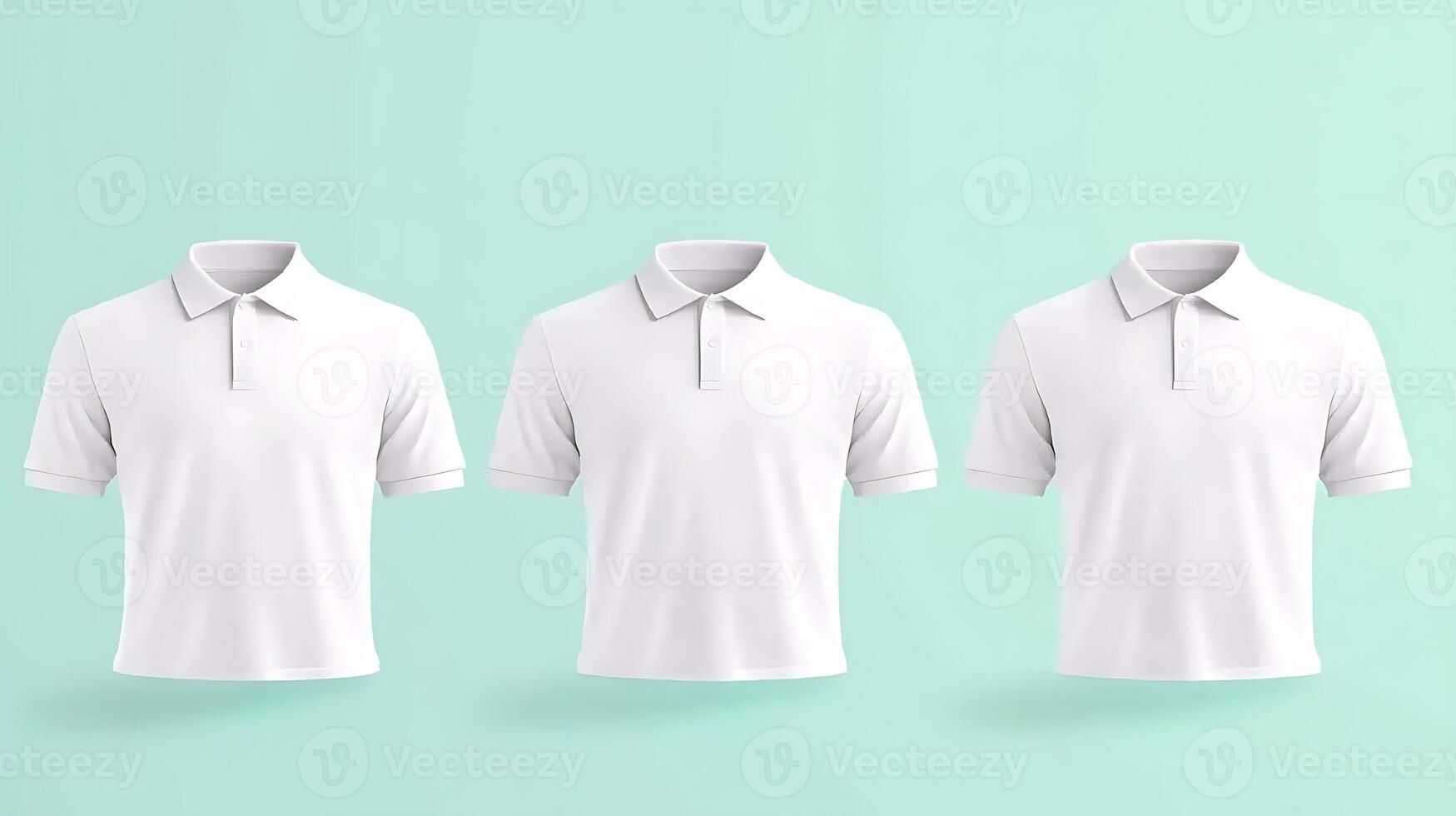 Three identical white polo shirts displayed against a soft pastel background, emphasizing simplicity photo