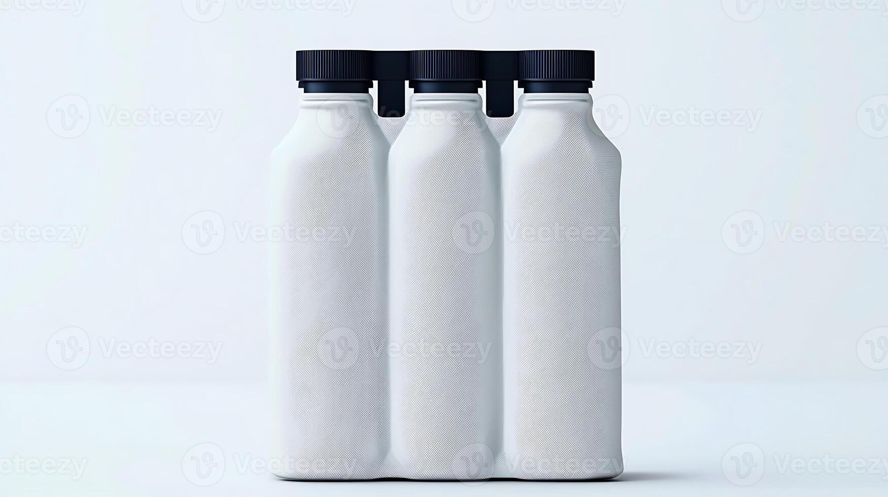 Three identical white bottles with dark caps arranged symmetrically on a clean surface photo