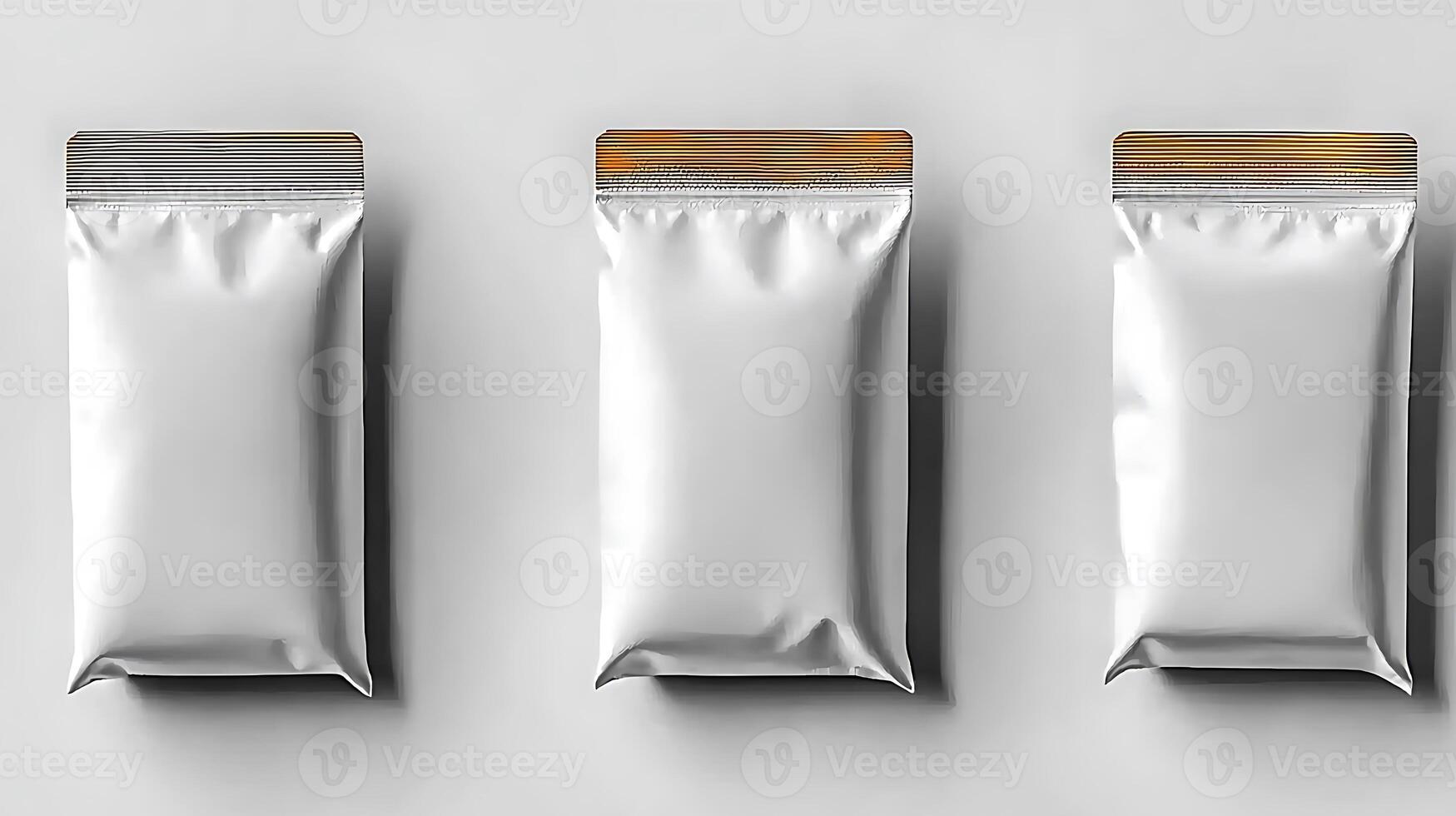 Three identical silver packaging bags arranged neatly on a light background, ideal for product display photo