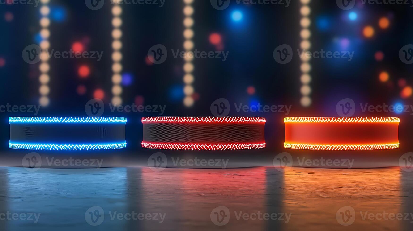 Three illuminated circular platforms in vibrant colors set against a blurred festive background photo