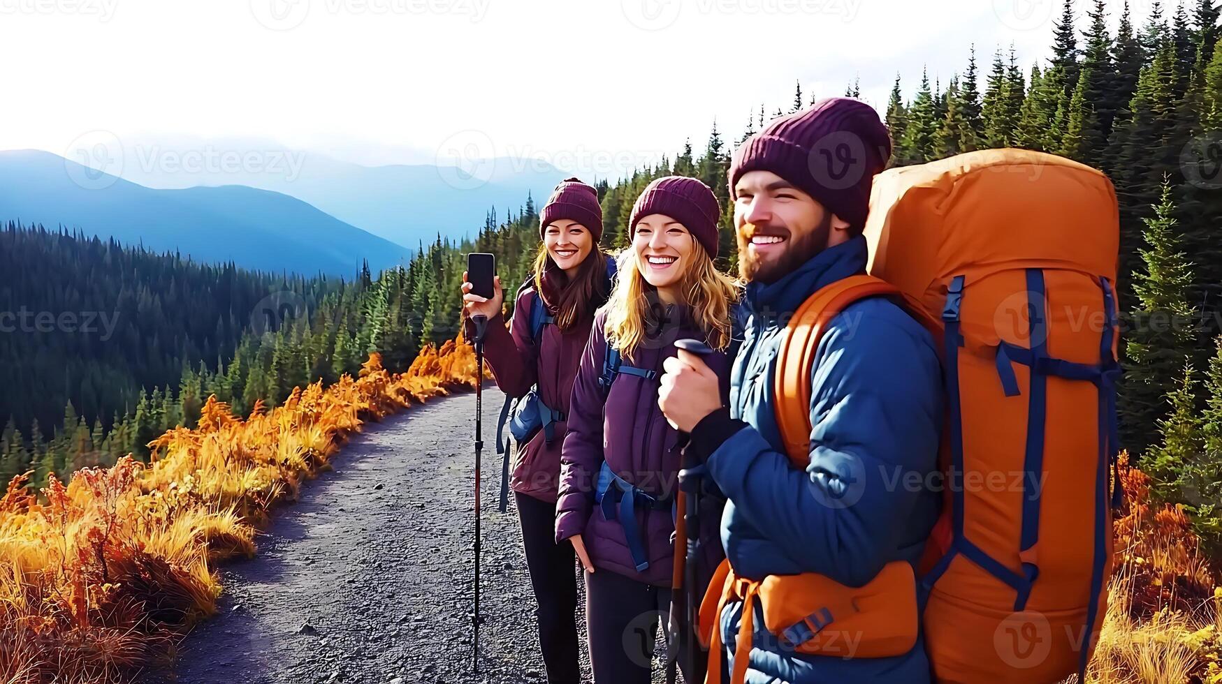 Three hikers enjoying a scenic mountain trail, capturing memories amidst vibrant autumn foliage photo