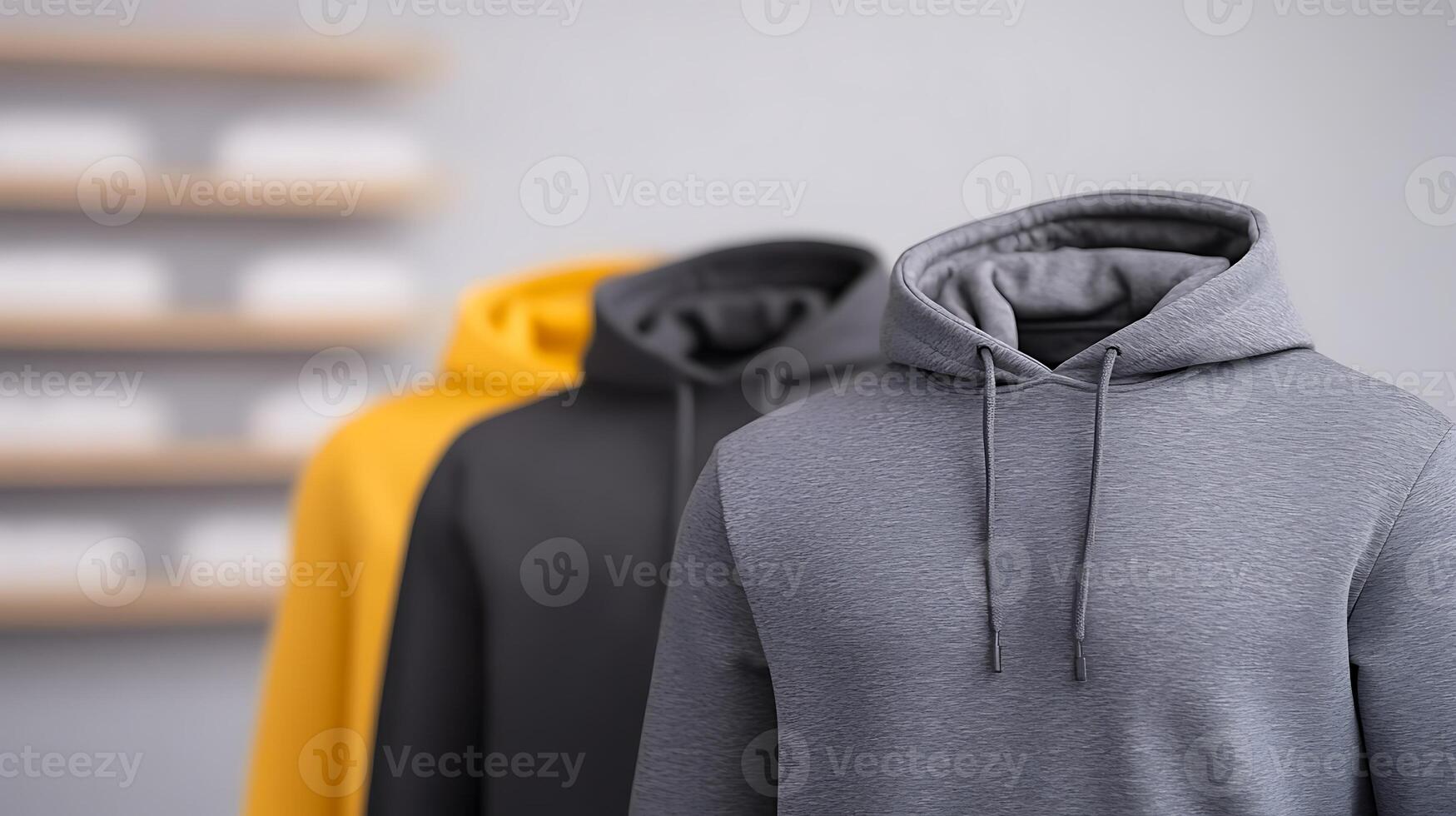 Three hooded sweatshirts in gray, black, and yellow displayed on a shelf in a modern setting photo