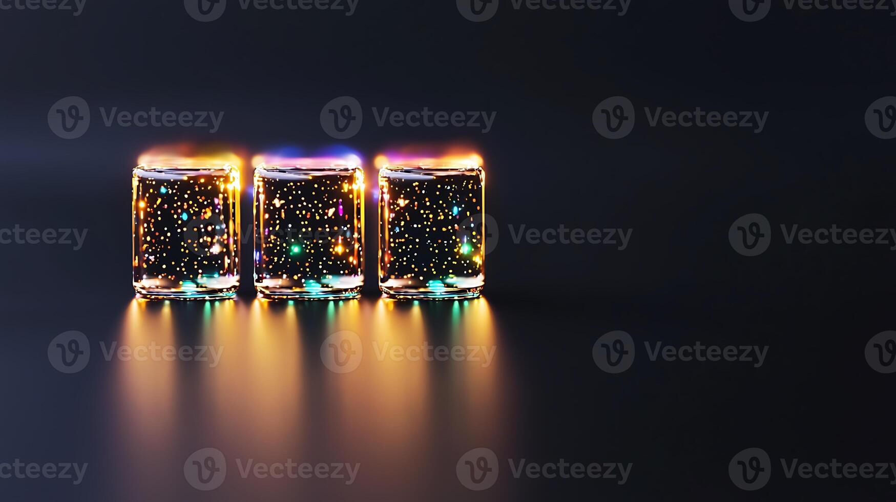 Three illuminated glass cubes filled with shimmering liquid, set against a dark background photo