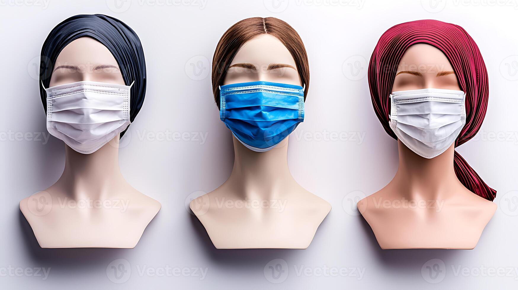 Three mannequin heads wearing different colored headscarves and face masks against a neutral background photo