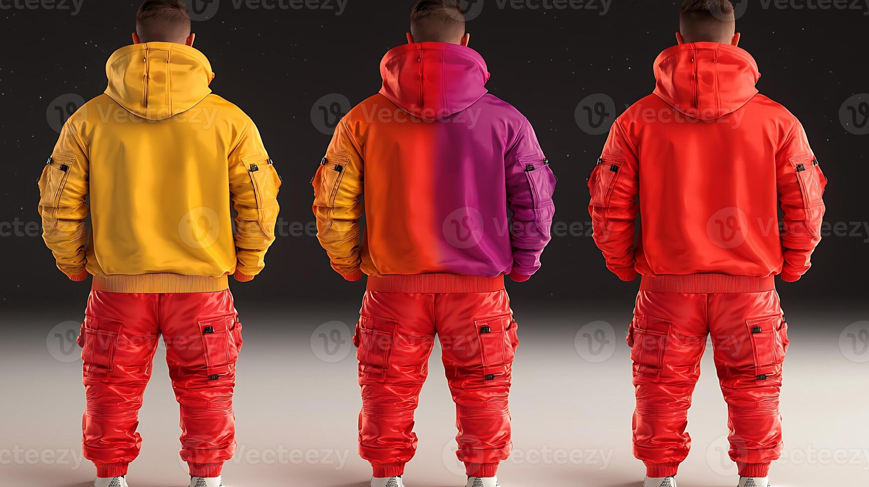 Three individuals in colorful hoodies standing back-to-back against a starry background photo