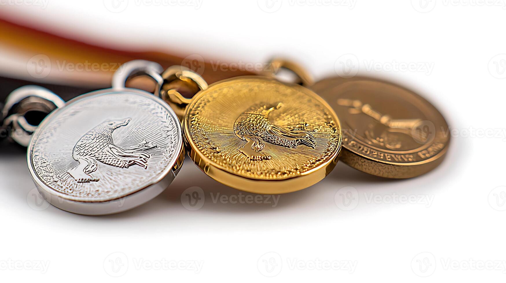 Three medals displayed with intricate designs, showcasing achievements in a bright setting photo