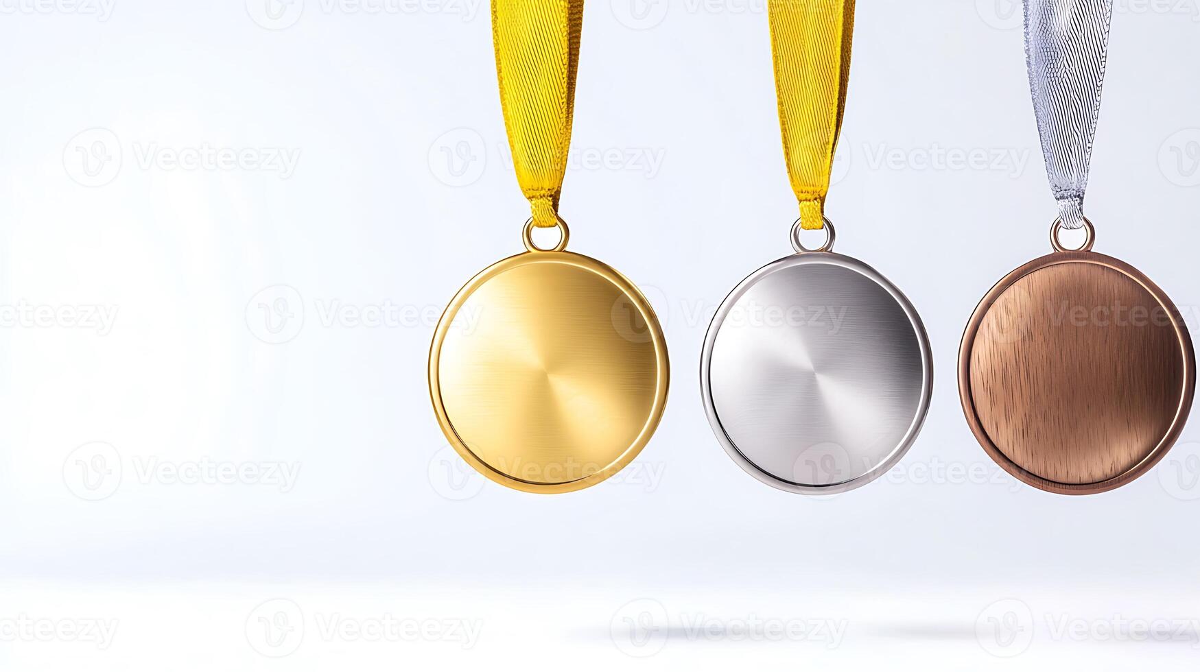 Three medals hanging from ribbons, symbolizing achievement and competition in a minimalistic setting photo