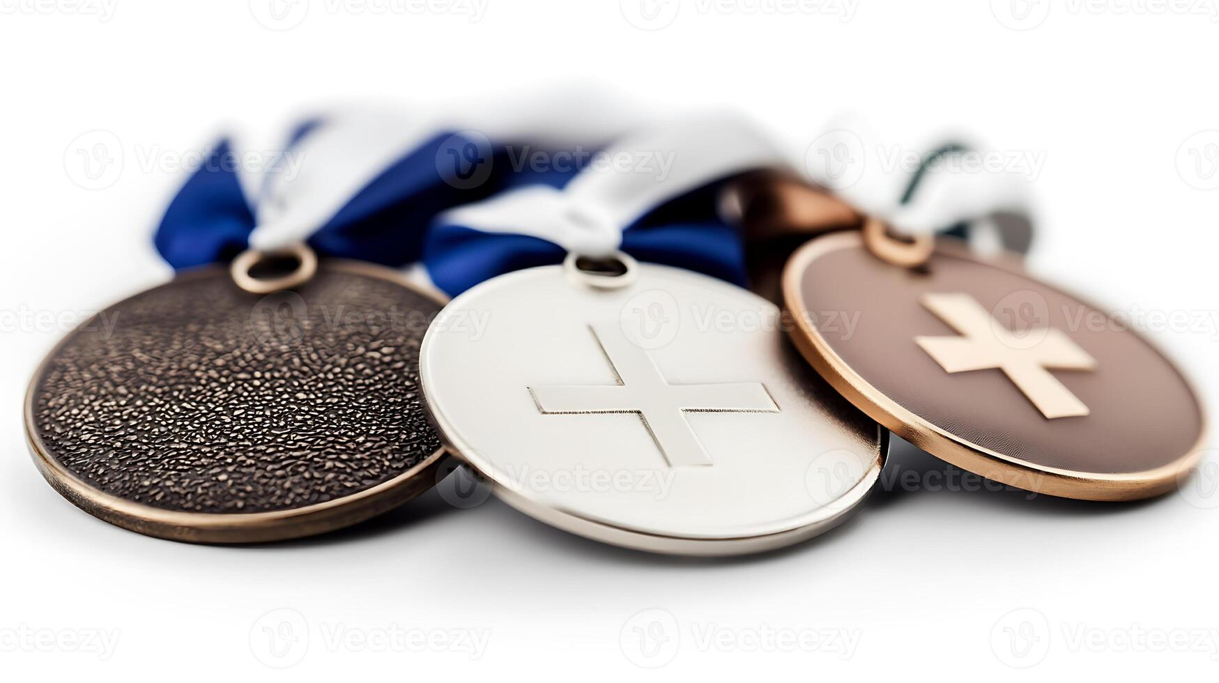 Three medals featuring distinct finishes and colored ribbons, symbolizing achievement and competition photo
