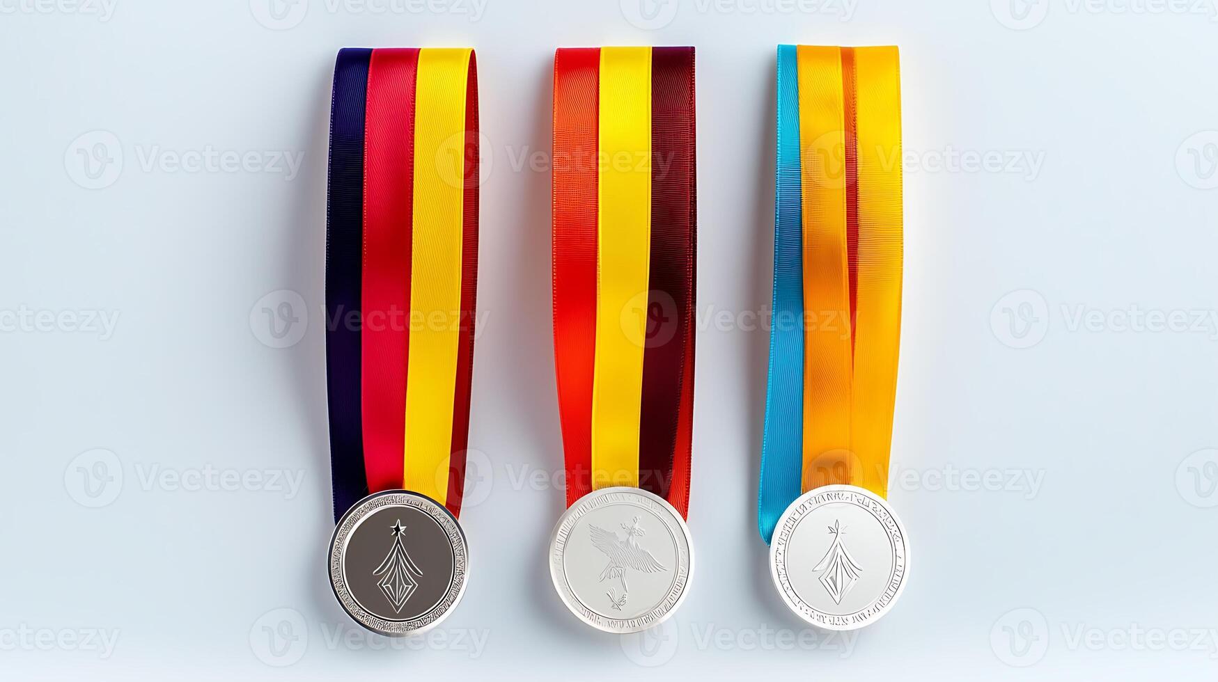 Three medals with colorful ribbons displayed on a light background, symbolizing achievement and competition photo