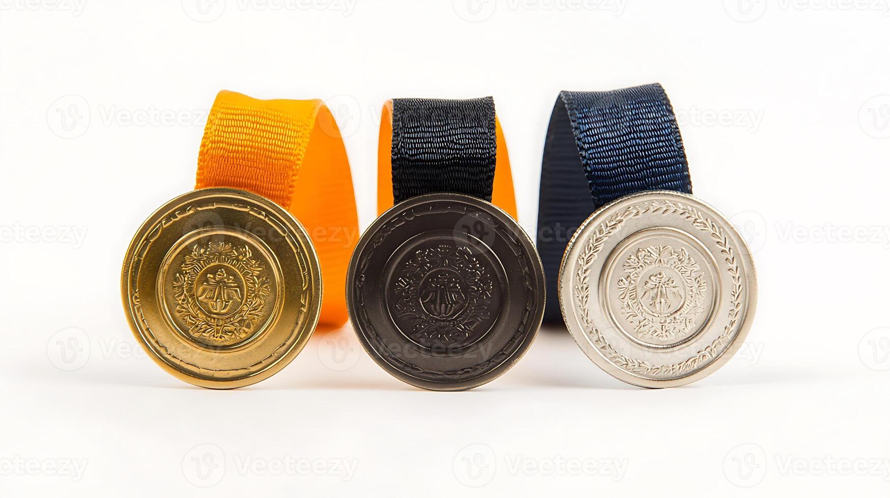 Three medals with vibrant ribbons displayed against a neutral background, symbolizing achievement photo