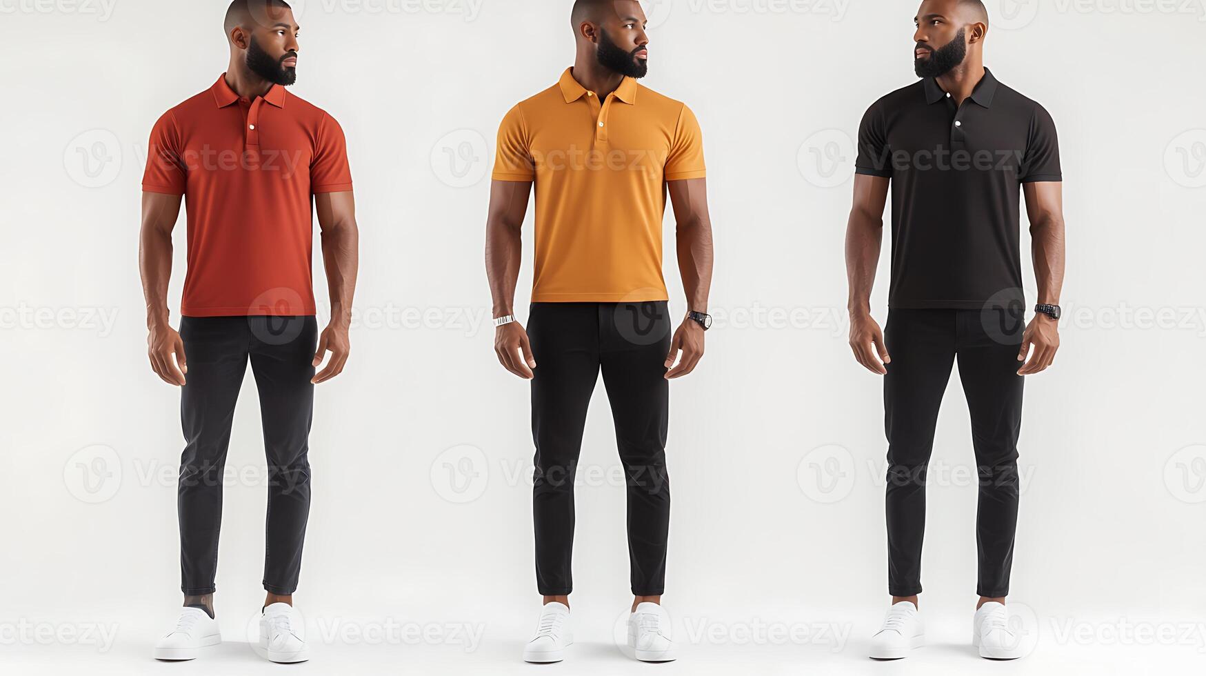 Three men in stylish polo shirts stand against a neutral background showcasing fashion photo