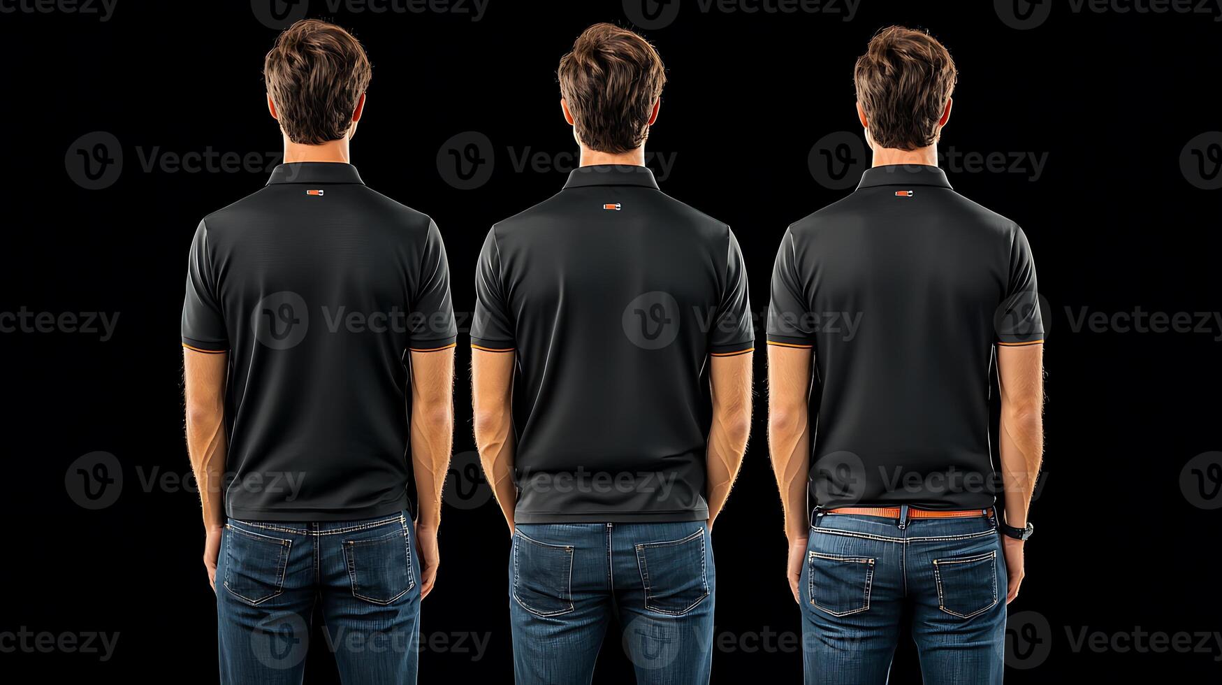 Three men wearing black polo shirts viewed from behind against a black background, showcasing style photo