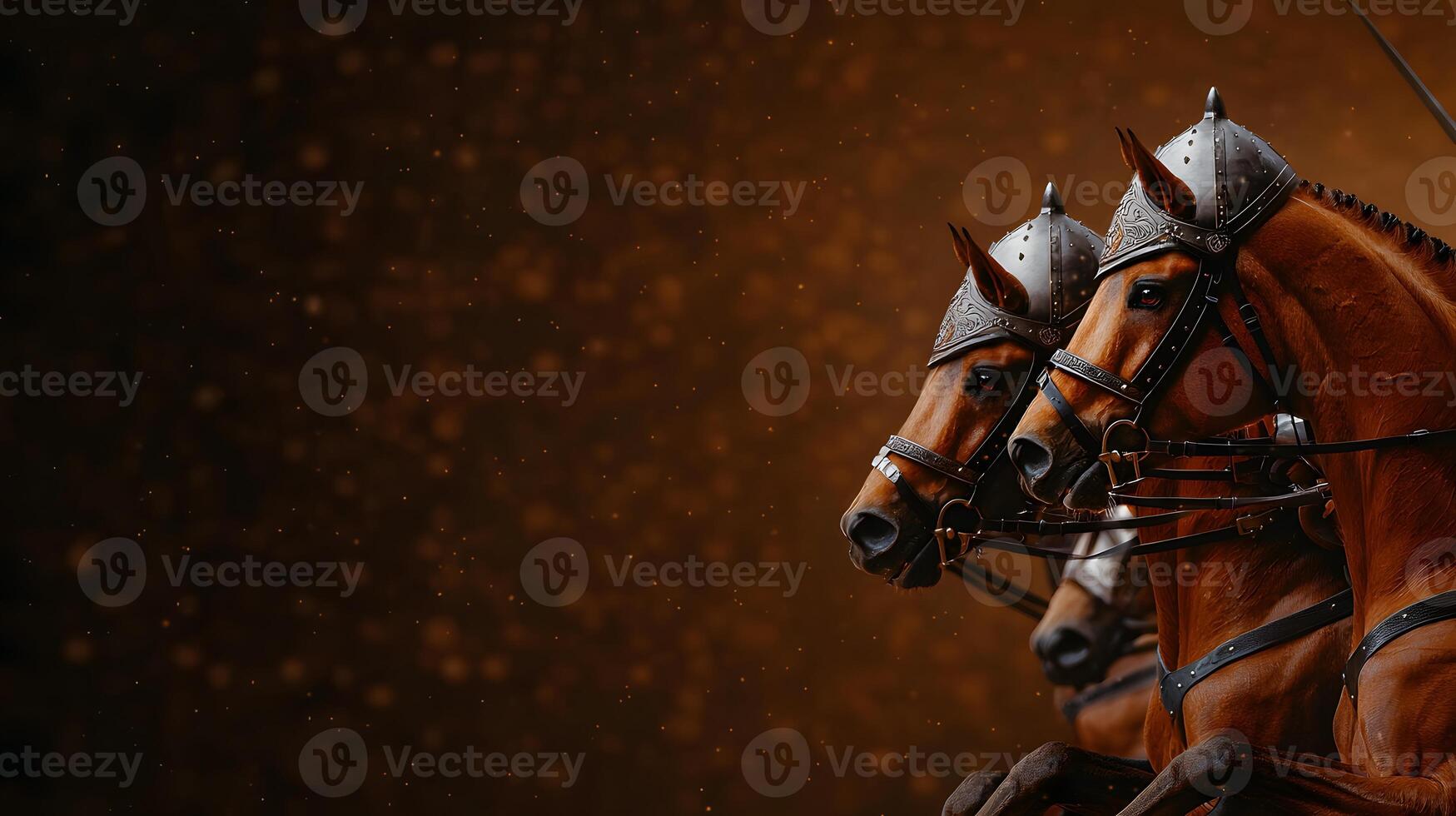 Three majestic horses in ornate helmets poised against a warm, textured background, showcasing strength photo