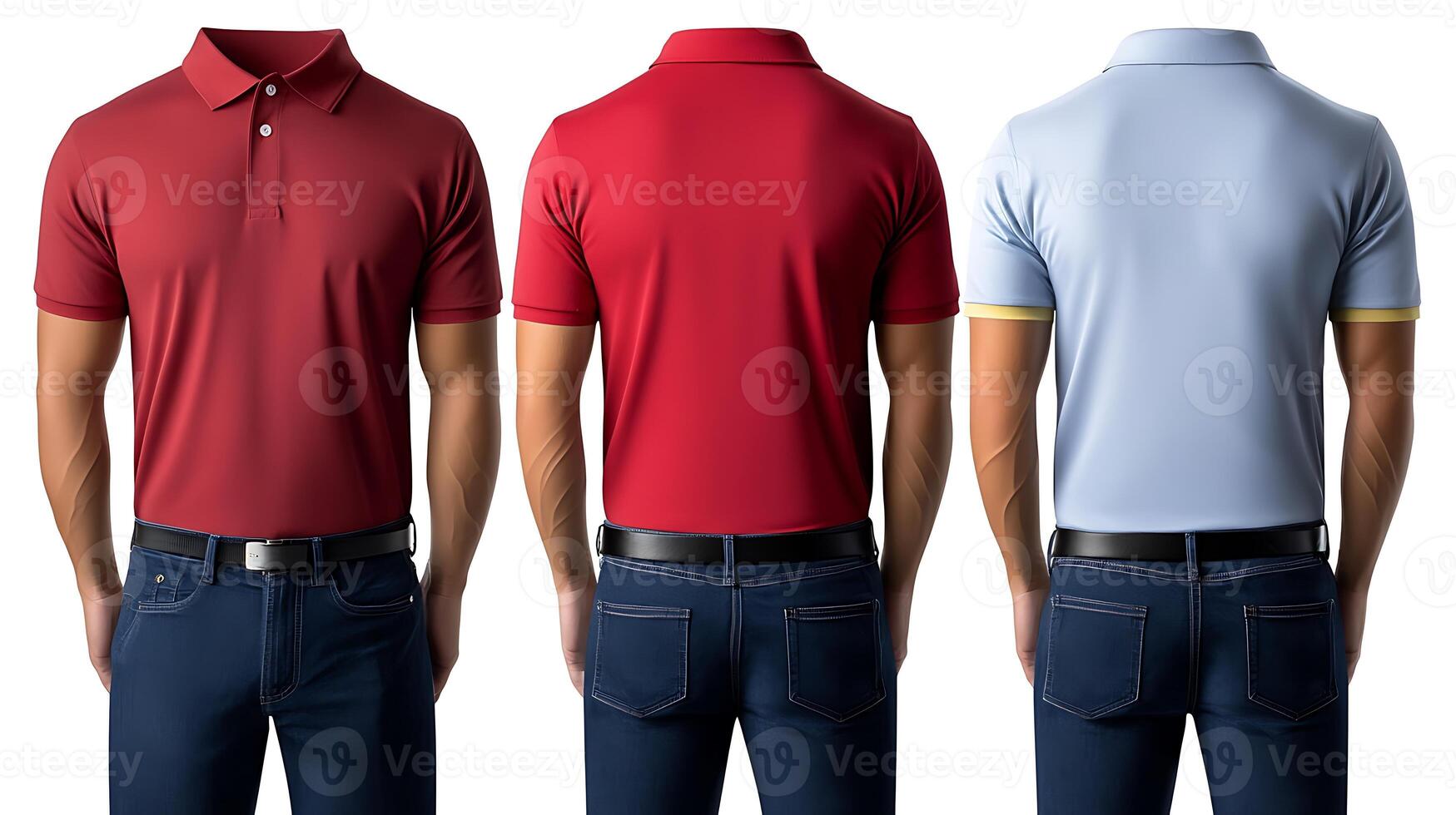 Three men wearing polo shirts in various colors, showcasing fashion styles from the back photo