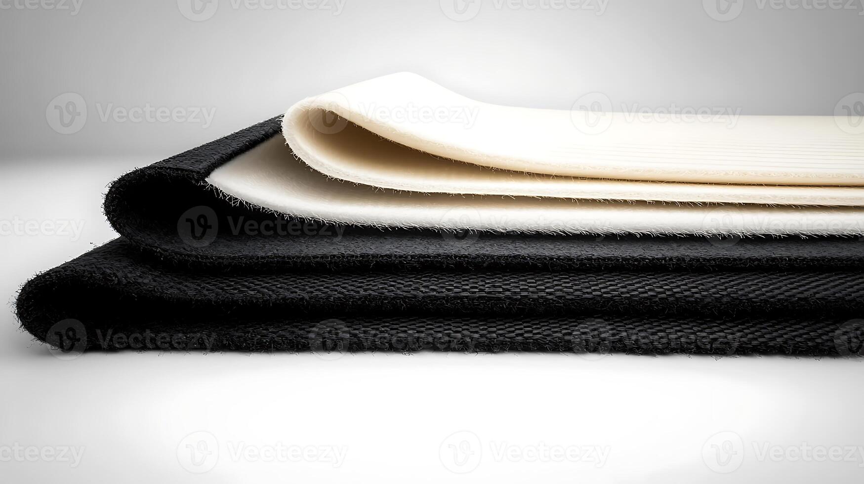 Three neatly stacked fabric rolls in black, white, and beige, showcasing texture and color contrast photo
