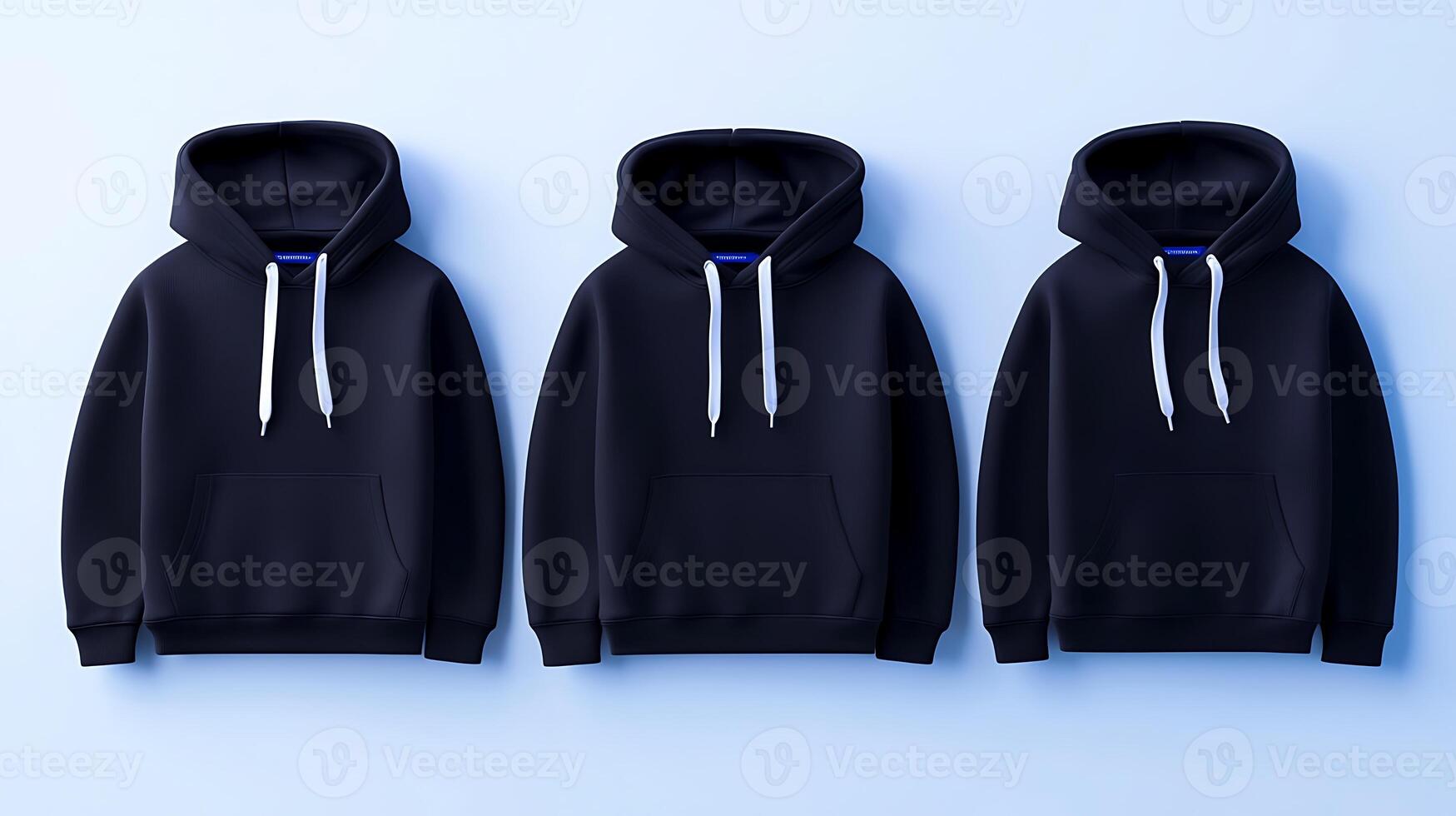 Three navy blue hoodies displayed on a light blue background showcasing their design and style photo