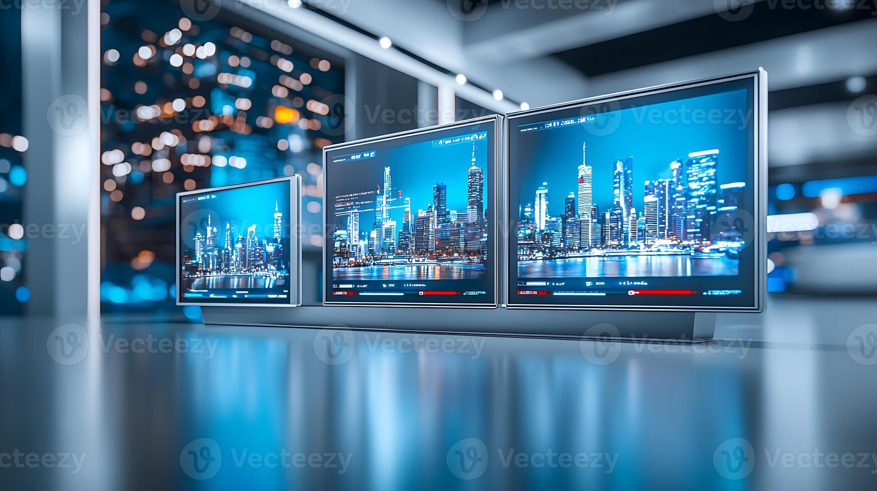 Three modern monitors displaying a vibrant city skyline at night with bright lights and reflections photo